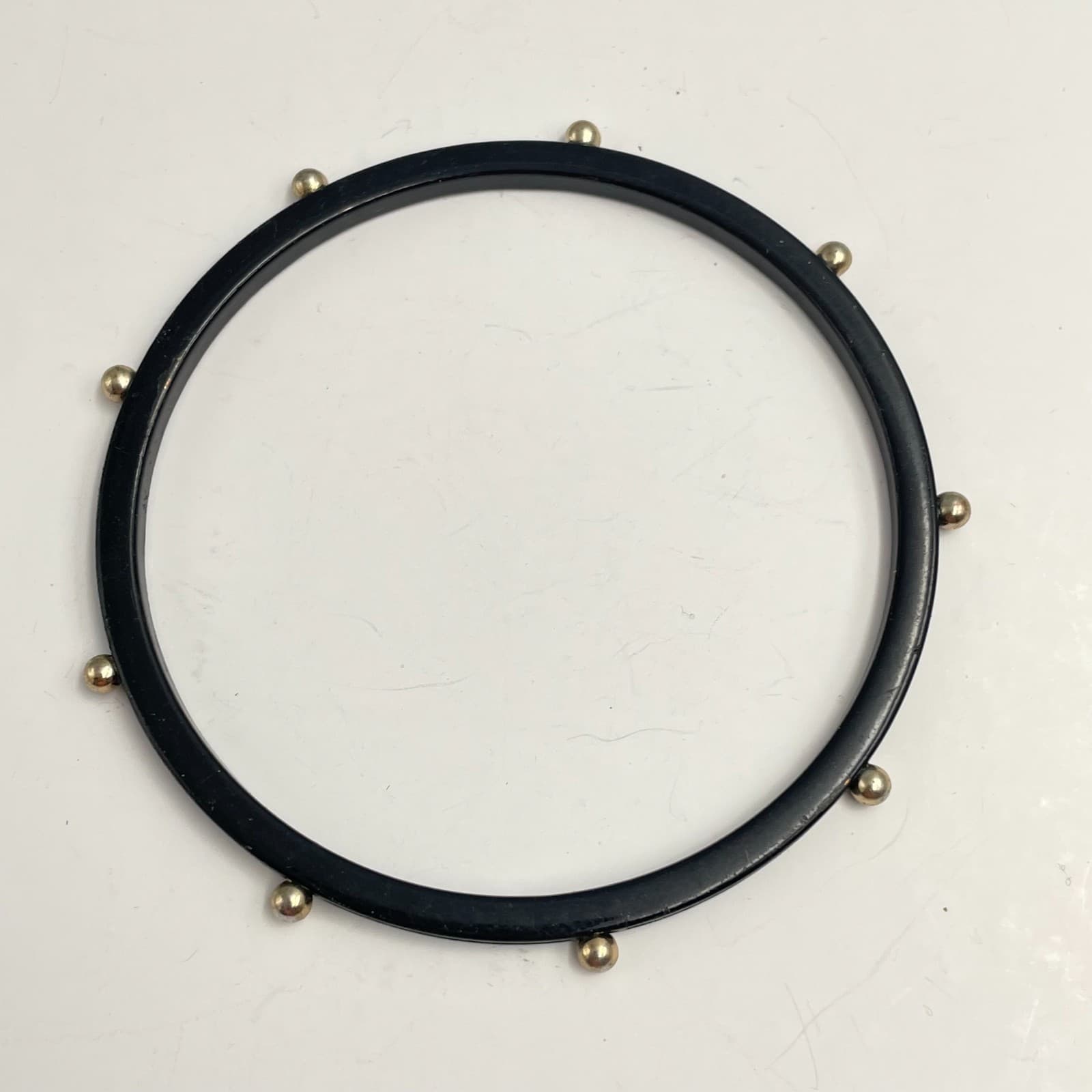 Vintage 90s Black Bangle Bracelet Gold Tone Studded Bead Accents Minimalist - Image 1