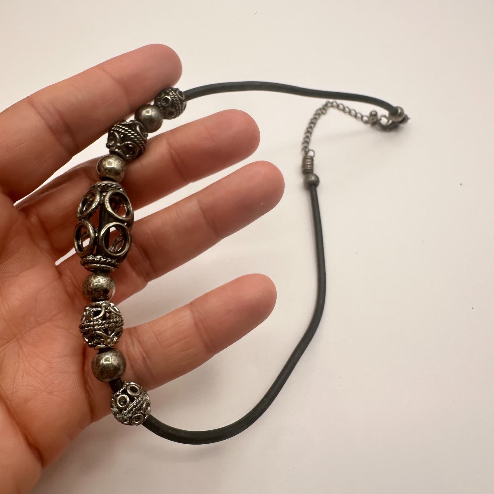 Vintage 90s Silver Tone Filigree Bead Black Cord Choker Necklace Boho Jewelry - Thumbnail 6