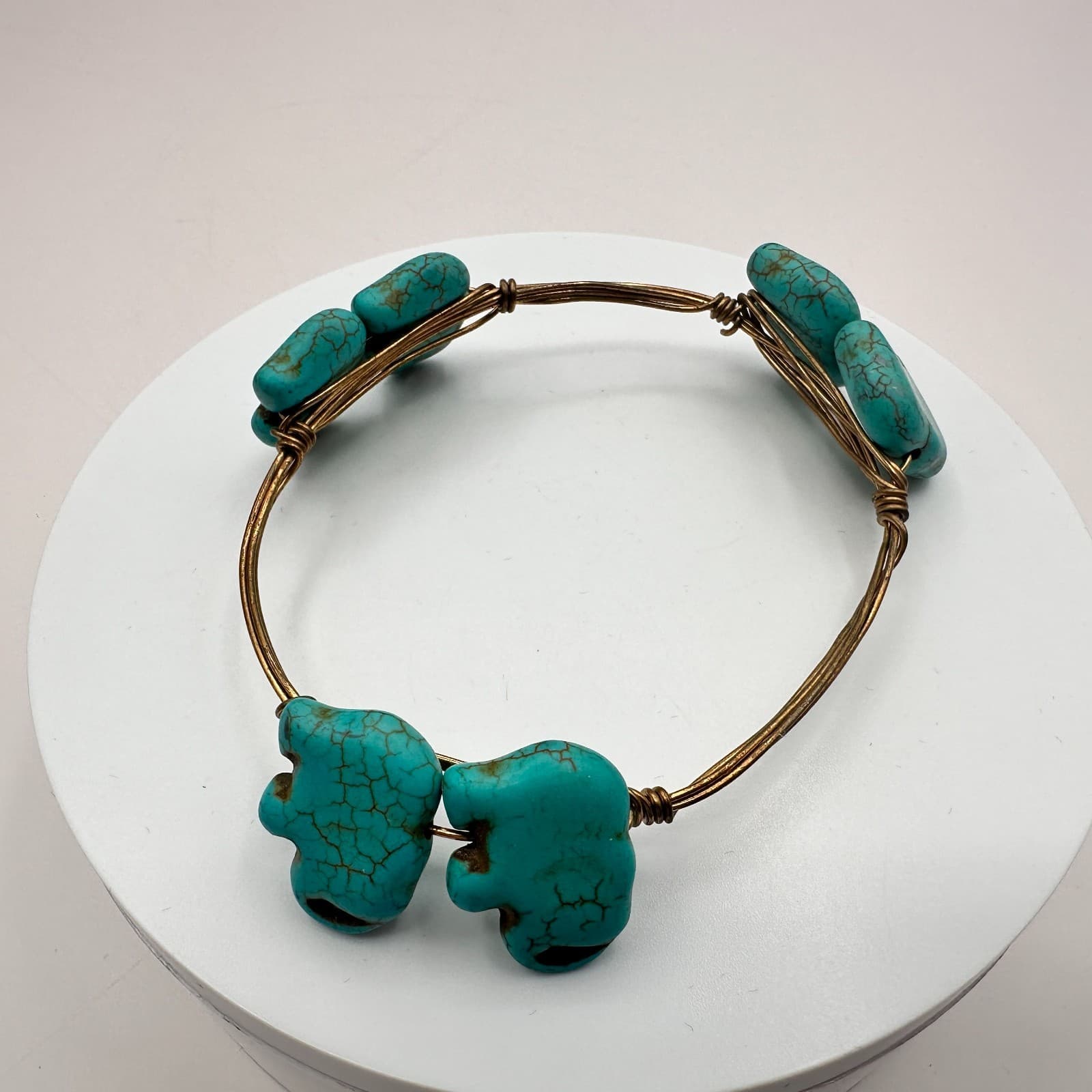 Vintage 80s Women Bracelet Bangle Bronze Tone Blue Turquoise Elephant Jewelry - Image 1