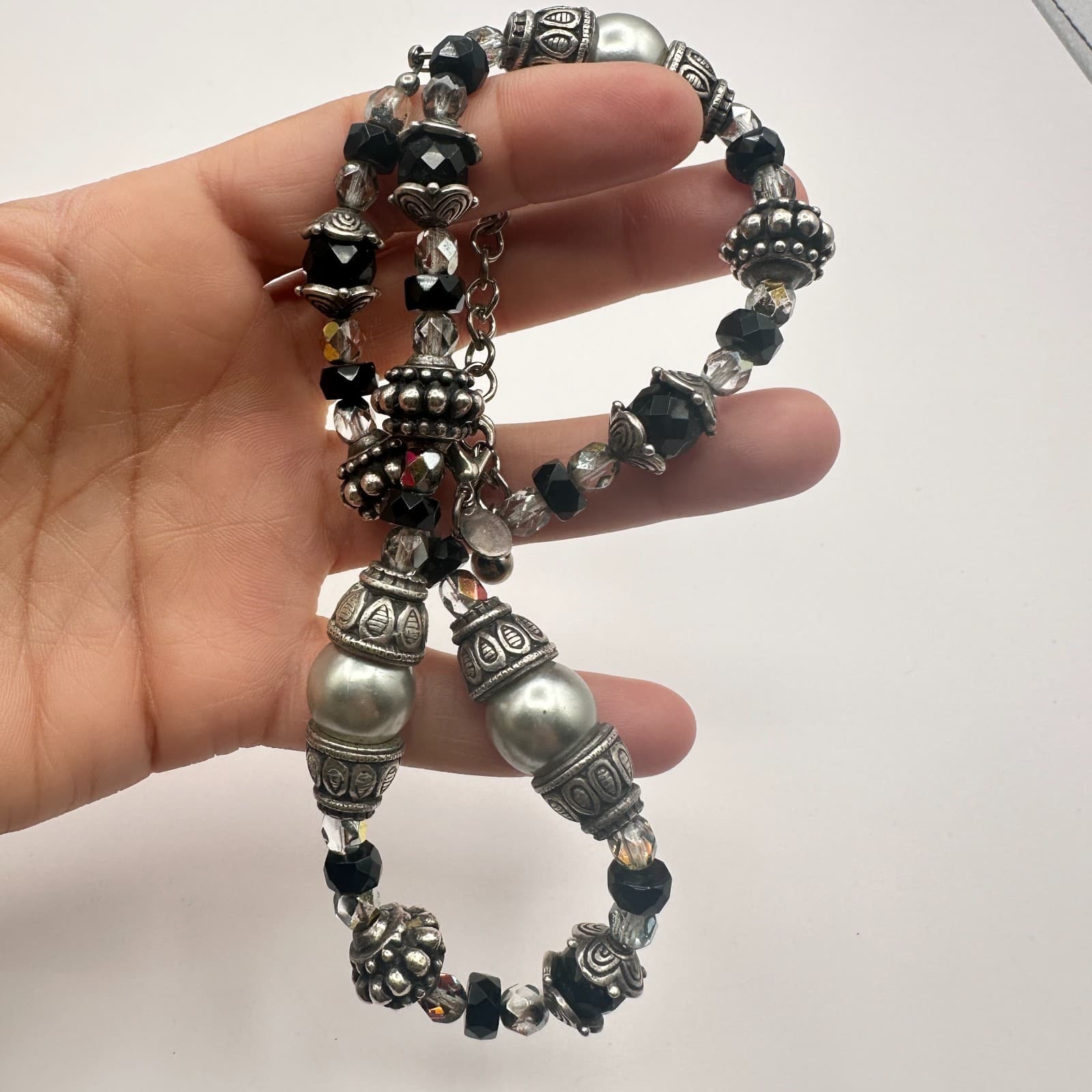 VTG Y2K Silver Tone Faux Pearl Black Beaded Necklace Statement Women's Jewelry - Thumbnail 6