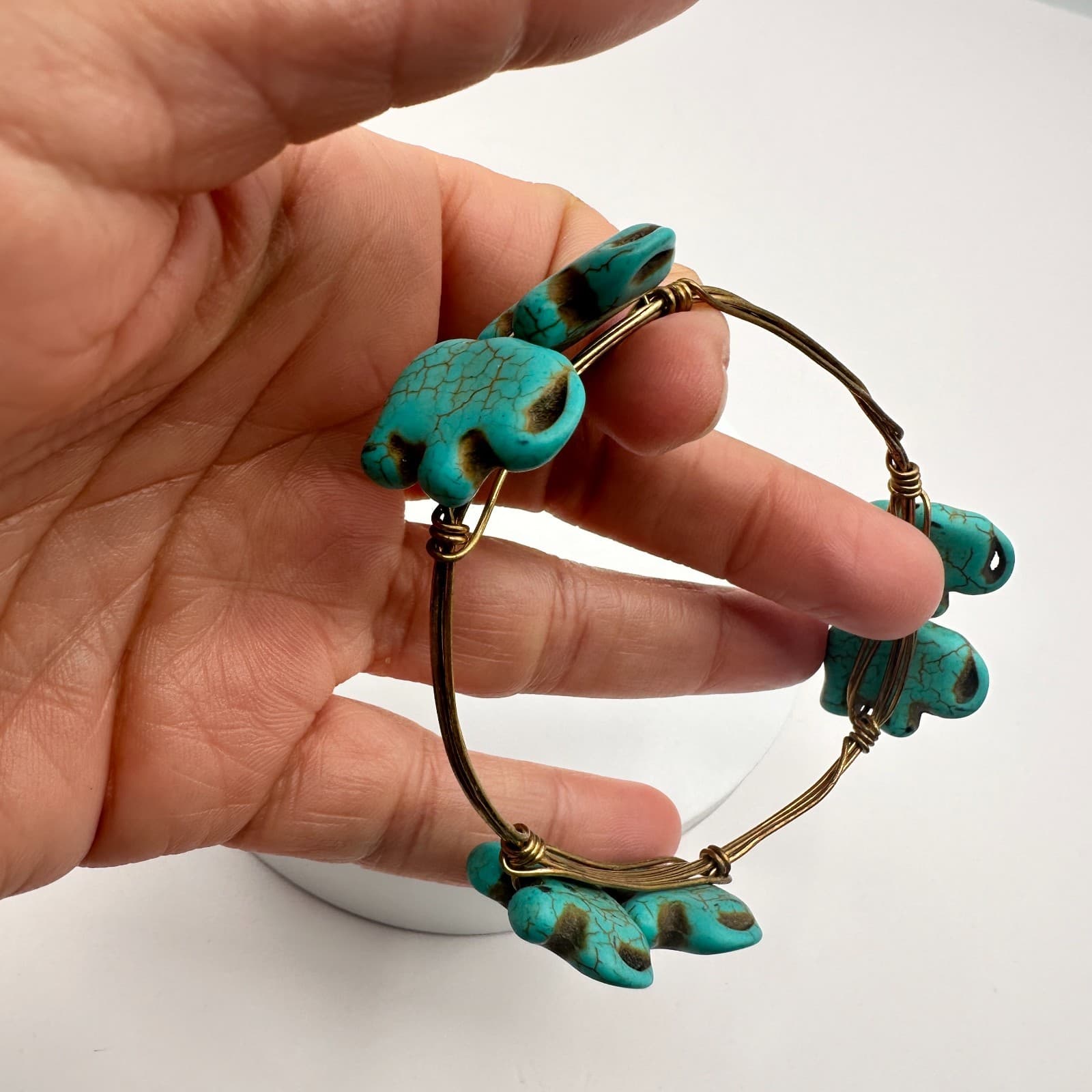 Vintage 80s Women Bracelet Bangle Bronze Tone Blue Turquoise Elephant Jewelry - Thumbnail 5