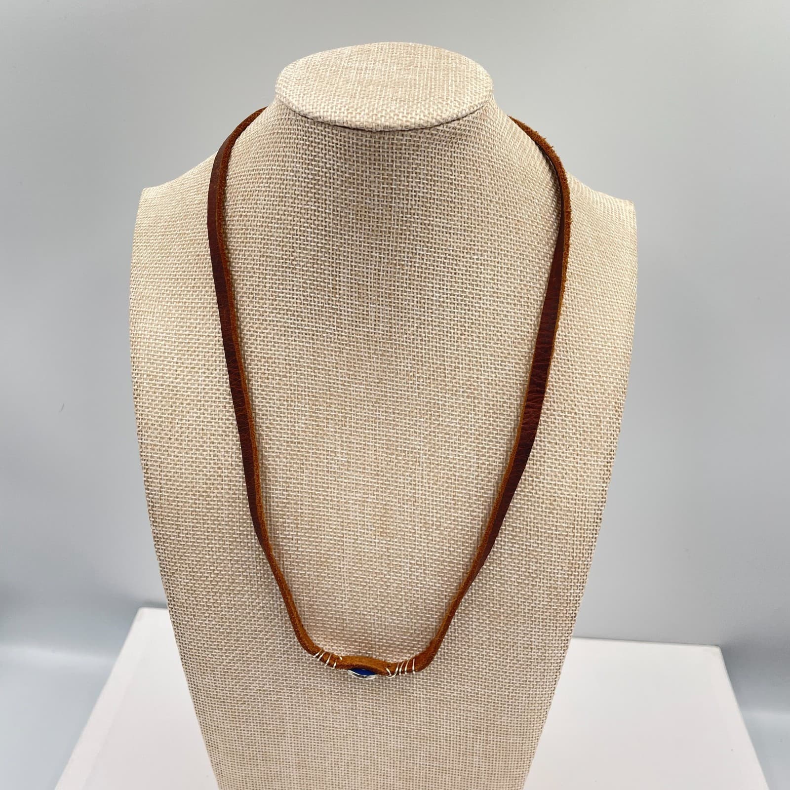 VTG Evil Eye Leather Cord Necklace Blue Protection Amulet Boho Nazar Wire Wrap - Image 1