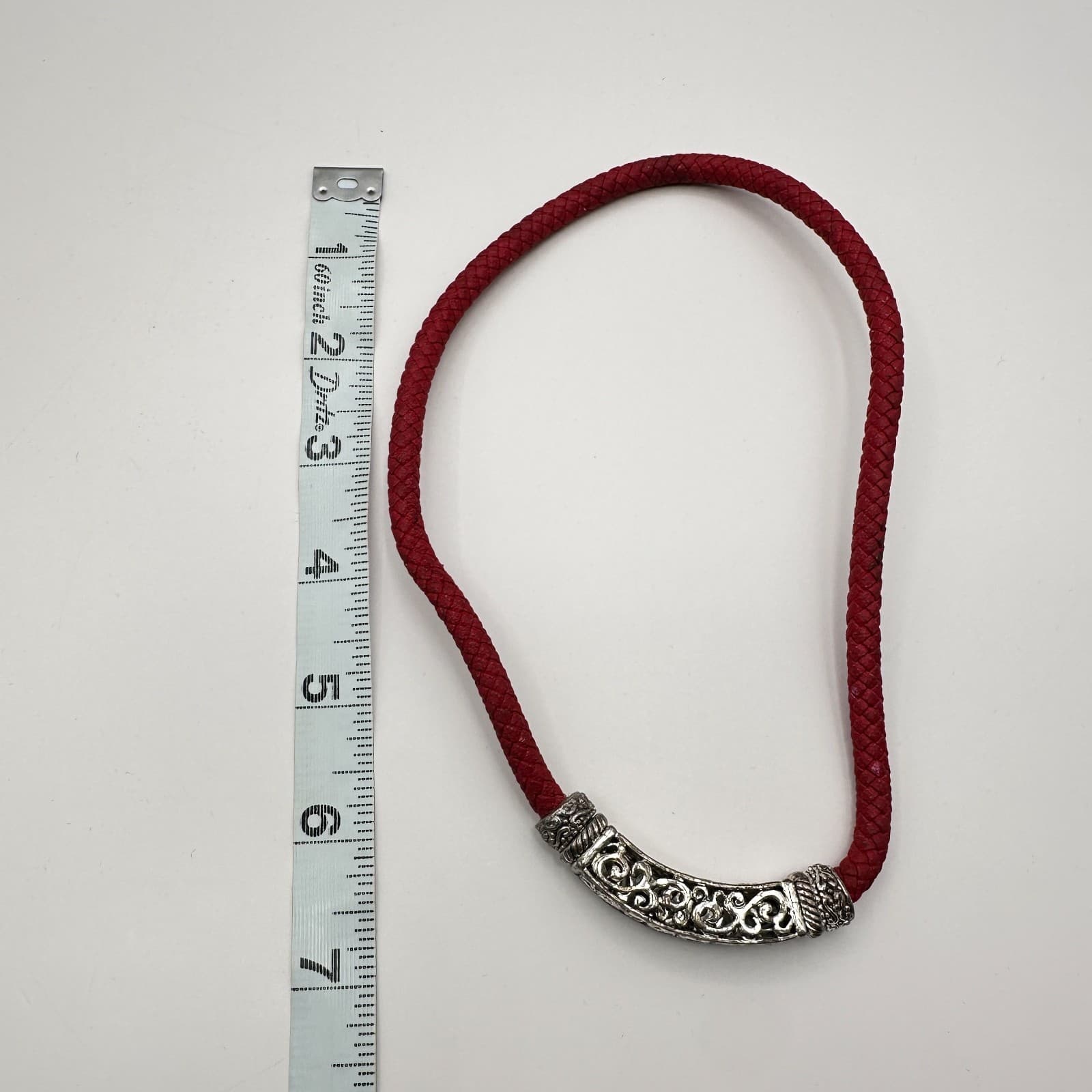 Vintage 90s Red Braided Cord Necklace Silver Tone Filigree Slide Pendant Boho - Thumbnail 7