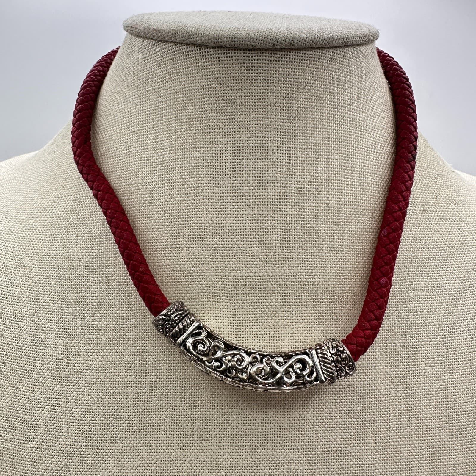 Vintage 90s Red Braided Cord Necklace Silver Tone Filigree Slide Pendant Boho - Image 1