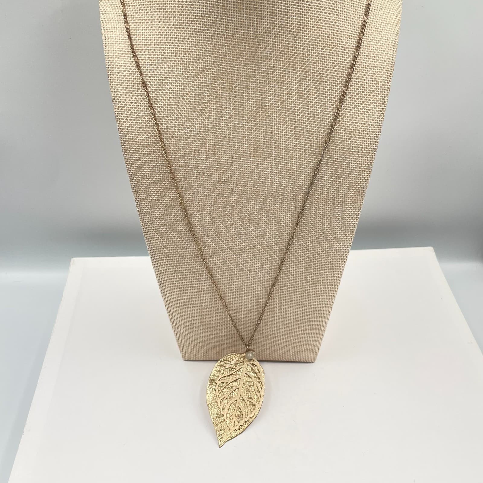 Gold Filigree Leaf Pendant Necklace Oversized Long Chain Boho Statement Jewelry - Image 1