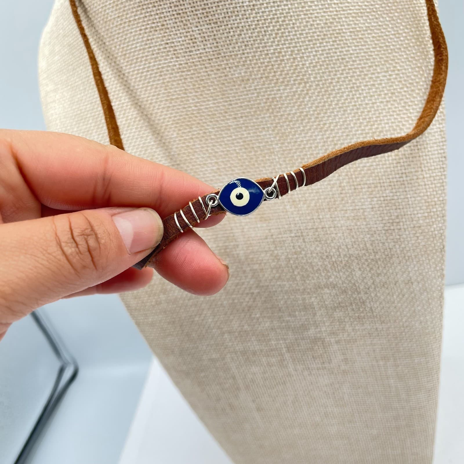 VTG Evil Eye Leather Cord Necklace Blue Protection Amulet Boho Nazar Wire Wrap - Thumbnail 4