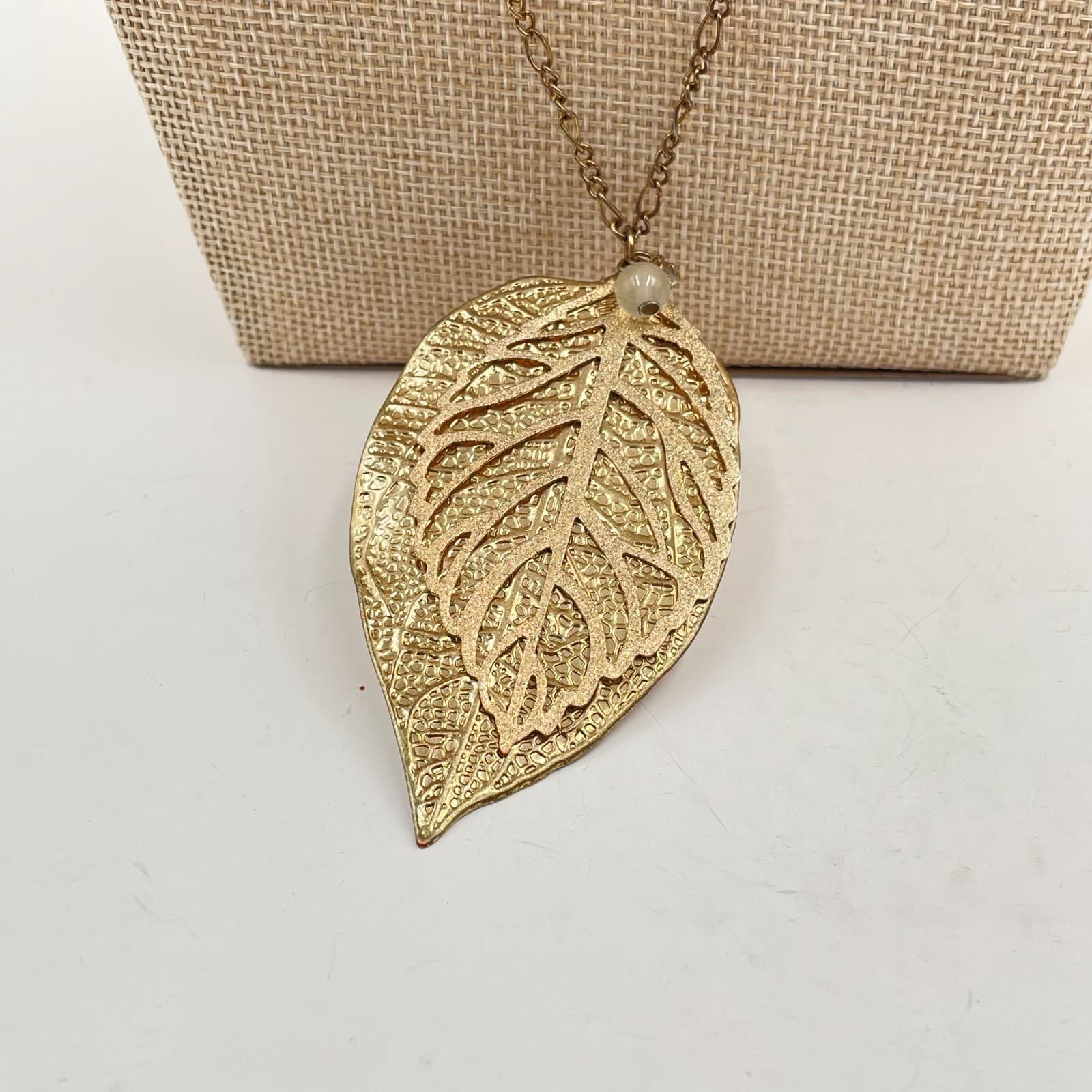 Gold Filigree Leaf Pendant Necklace Oversized Long Chain Boho Statement Jewelry - Thumbnail 2