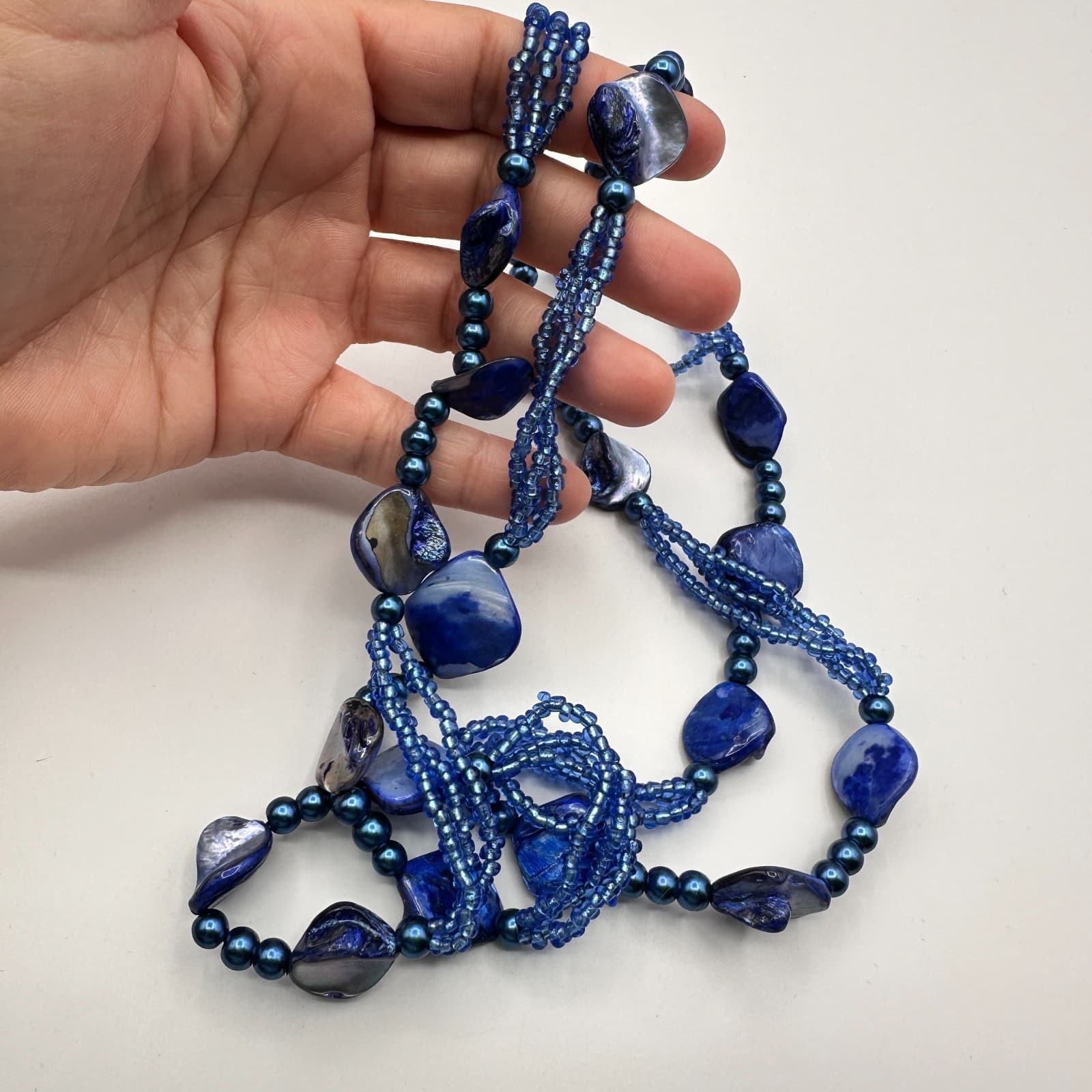 Vintage 90s Blue Mother of Pearl Shell & Glass Bead Multi-Strand Opera Necklace - Thumbnail 6