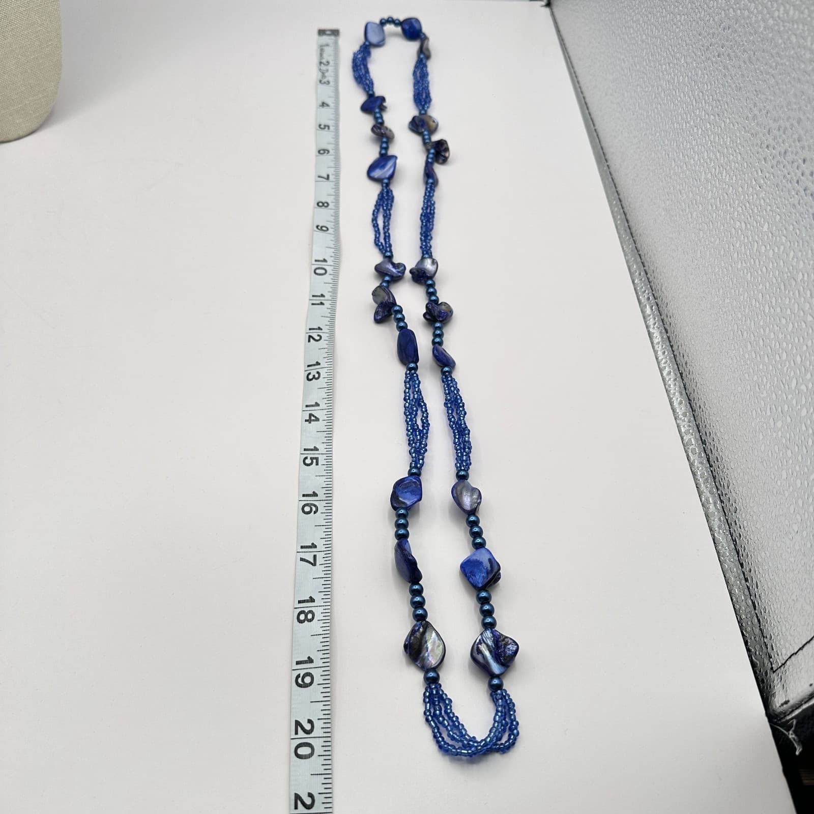 Vintage 90s Blue Mother of Pearl Shell & Glass Bead Multi-Strand Opera Necklace - Thumbnail 7