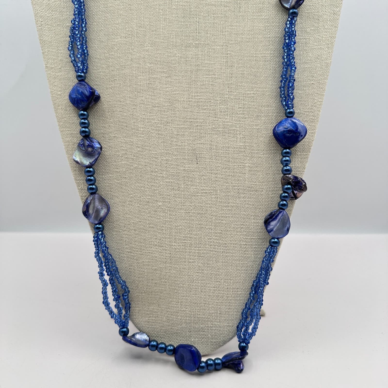 Vintage 90s Blue Mother of Pearl Shell & Glass Bead Multi-Strand Opera Necklace - Thumbnail 2