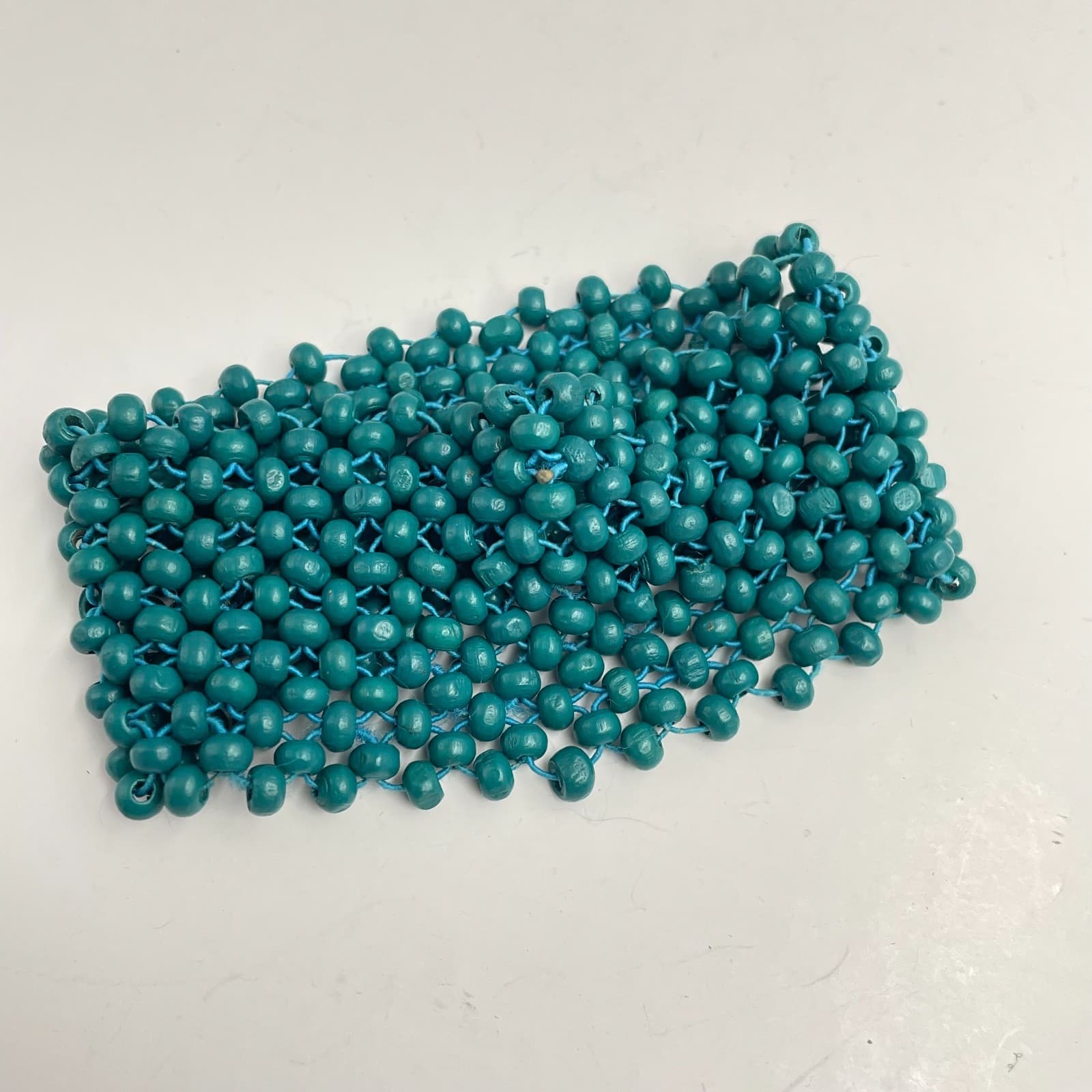 Vintage 90s Teal Blue Bead Wide Cuff Bracelet Boho Handmade Mesh Fashion Jewelry - Image 1