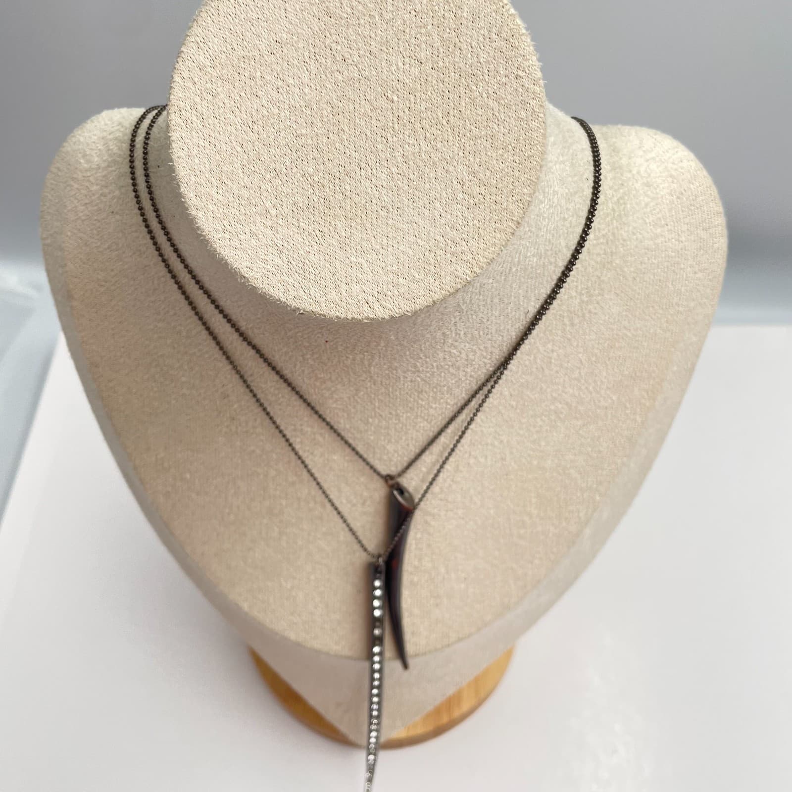 Vintage Y2K Gunmetal Double Layer Spike Rhinestone Horn Pendant Necklace Jewelry - Thumbnail 2
