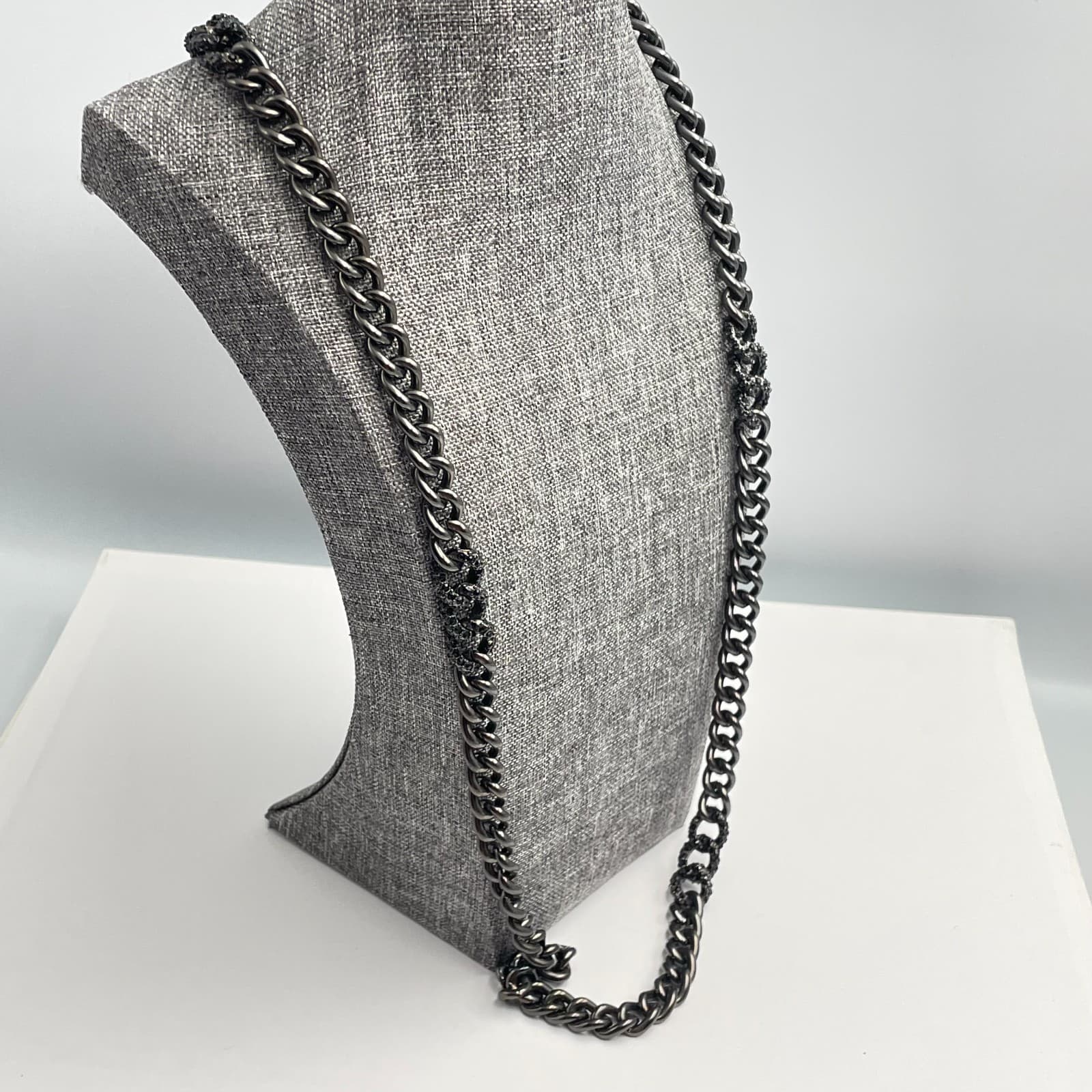 Vintage 90s Y2K Gunmetal Curb Chain Necklace Long Black Rhinestone Boho Jewelry - Thumbnail 5