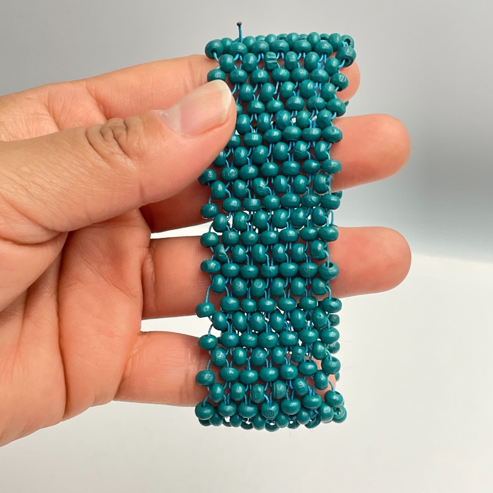 Vintage 90s Teal Blue Bead Wide Cuff Bracelet Boho Handmade Mesh Fashion Jewelry - Thumbnail 3