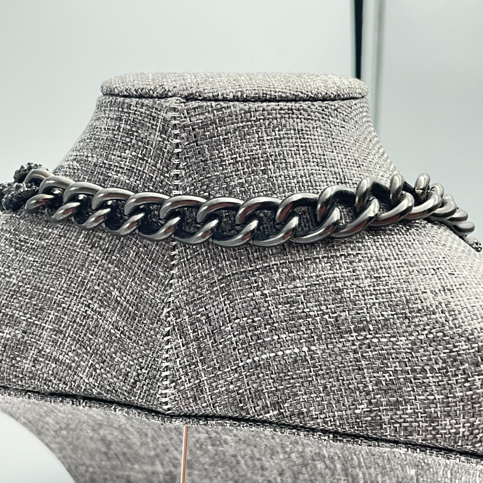 Vintage 90s Y2K Gunmetal Curb Chain Necklace Long Black Rhinestone Boho Jewelry - Thumbnail 7