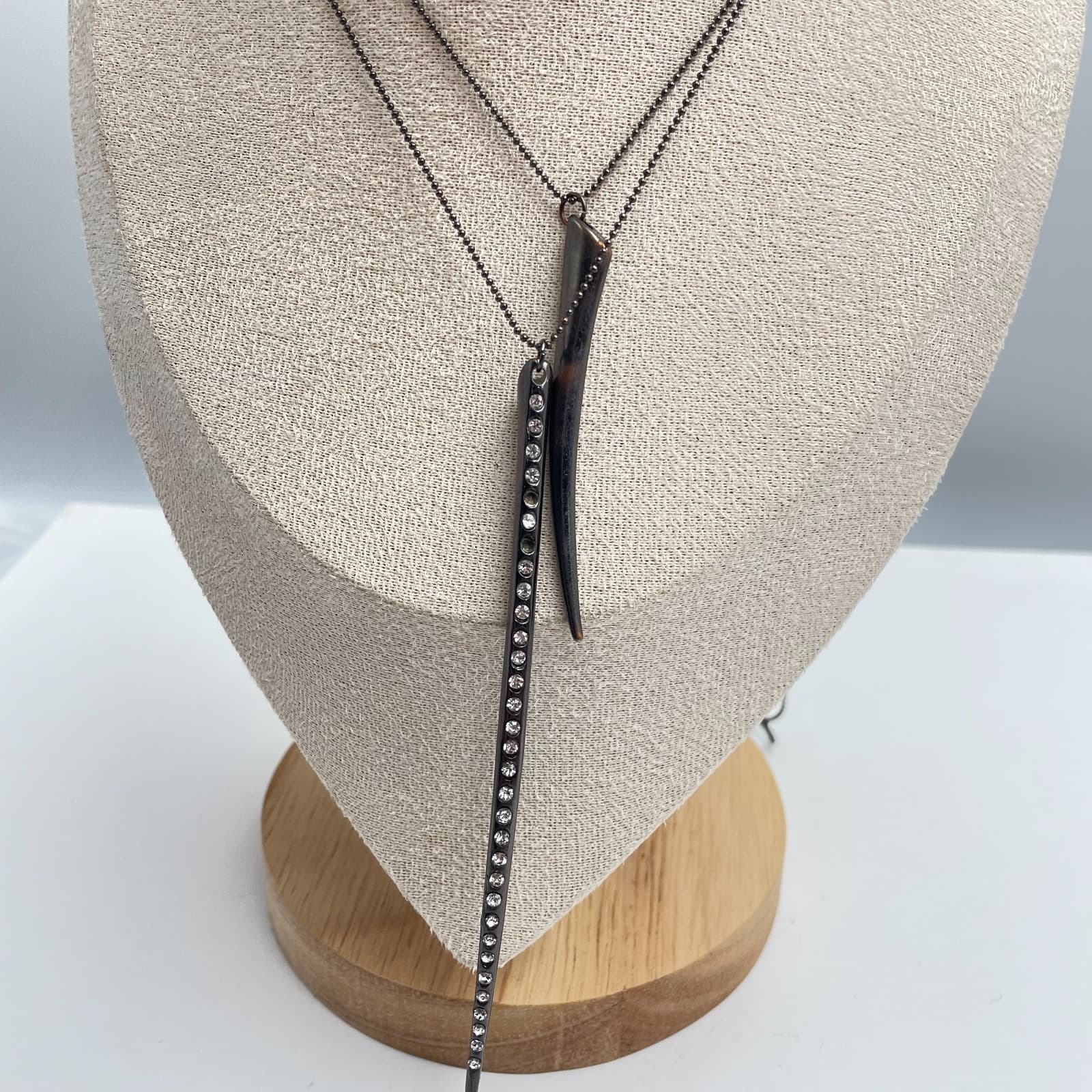 Vintage Y2K Gunmetal Double Layer Spike Rhinestone Horn Pendant Necklace Jewelry - Thumbnail 3