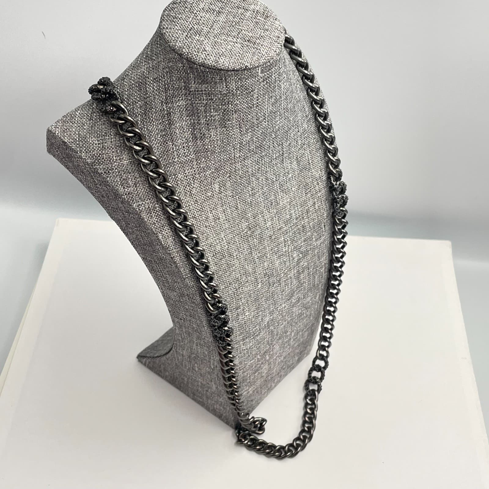 Vintage 90s Y2K Gunmetal Curb Chain Necklace Long Black Rhinestone Boho Jewelry - Thumbnail 6