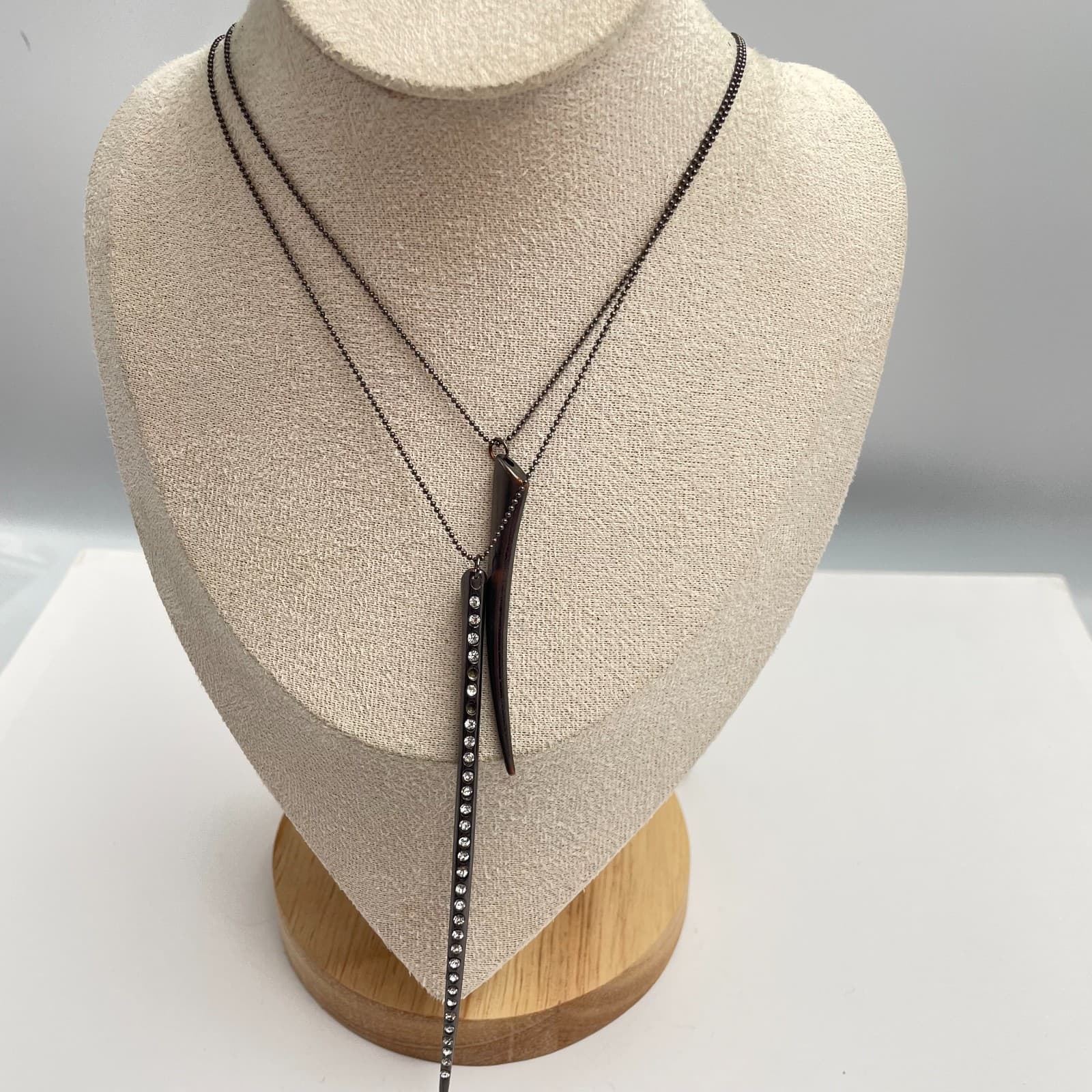 Vintage Y2K Gunmetal Double Layer Spike Rhinestone Horn Pendant Necklace Jewelry - Image 1