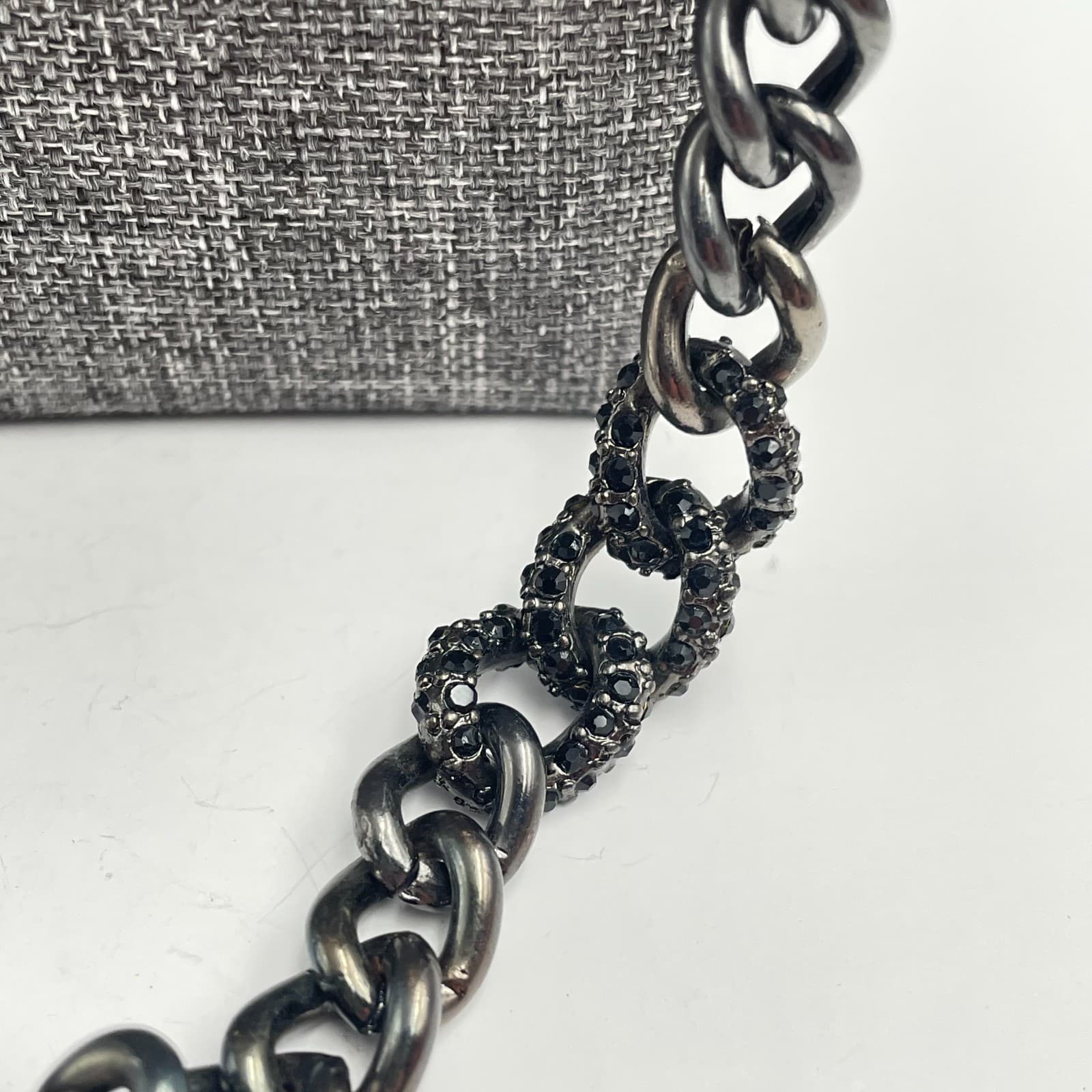Vintage 90s Y2K Gunmetal Curb Chain Necklace Long Black Rhinestone Boho Jewelry - Thumbnail 4