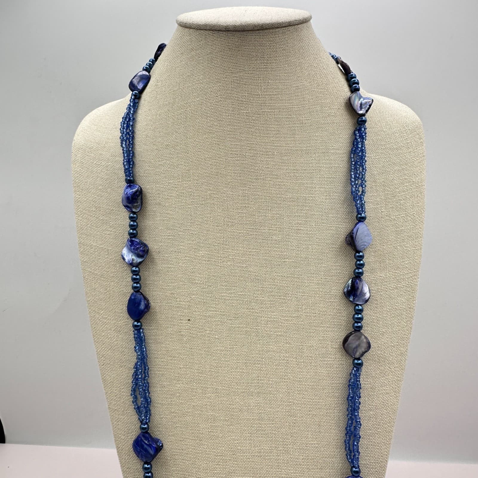 Vintage 90s Blue Mother of Pearl Shell & Glass Bead Multi-Strand Opera Necklace - Thumbnail 5