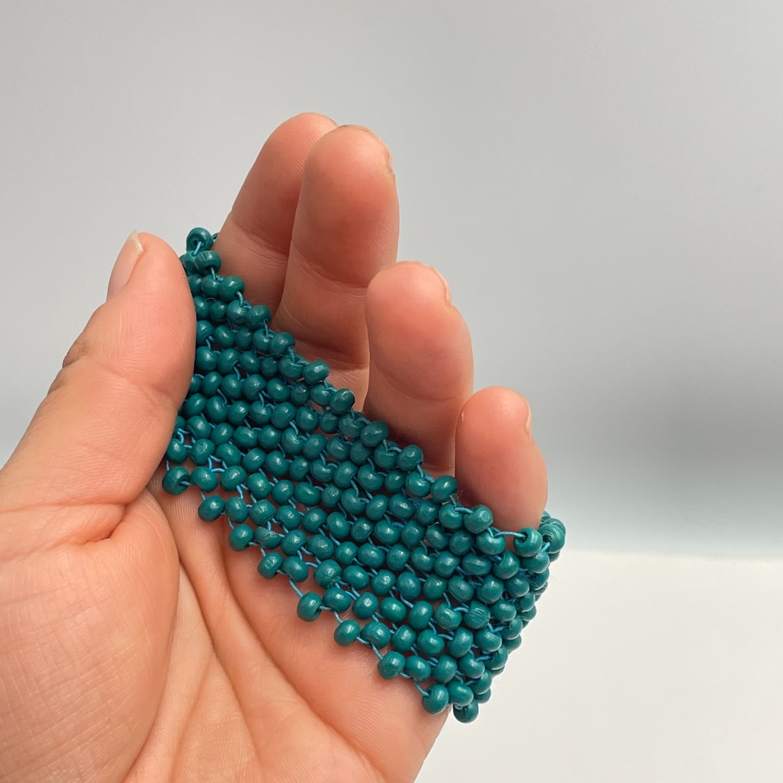 Vintage 90s Teal Blue Bead Wide Cuff Bracelet Boho Handmade Mesh Fashion Jewelry - Thumbnail 4