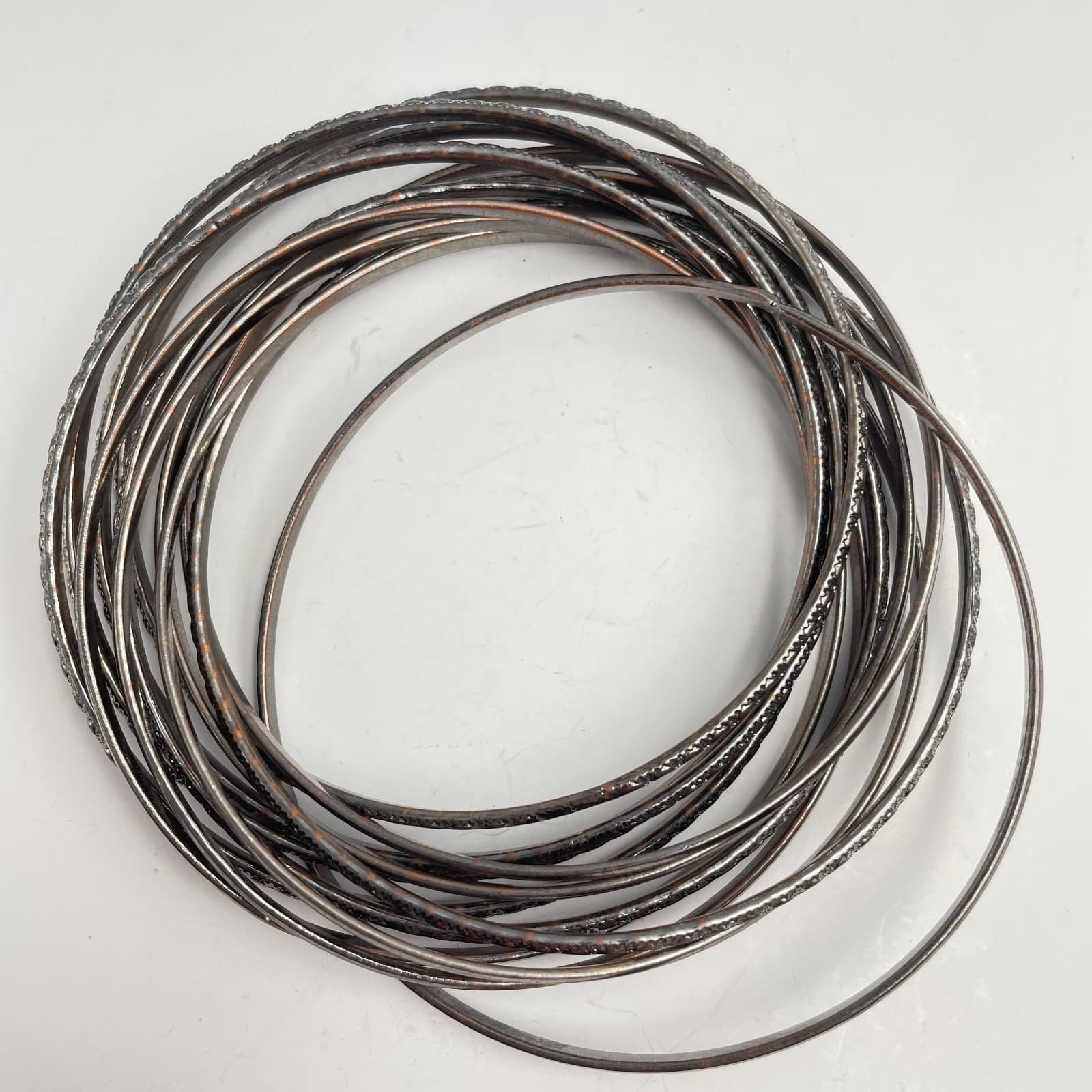 Vintage 90s Silver Tone Bangles Set Stackable Textured Slim Fashion Jewelry - Image 1