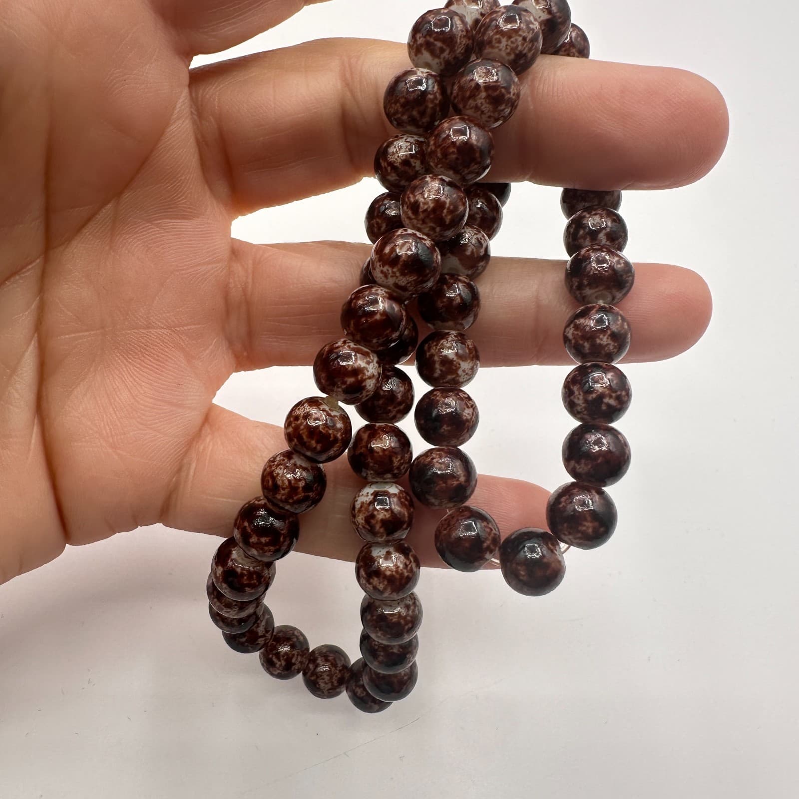 Vintage 90s Brown Marble Pattern Glass Beaded Necklace Classic Jewelry - Thumbnail 6