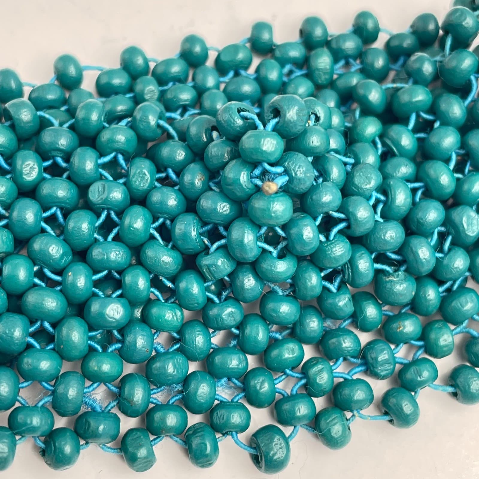 Vintage 90s Teal Blue Bead Wide Cuff Bracelet Boho Handmade Mesh Fashion Jewelry - Thumbnail 2