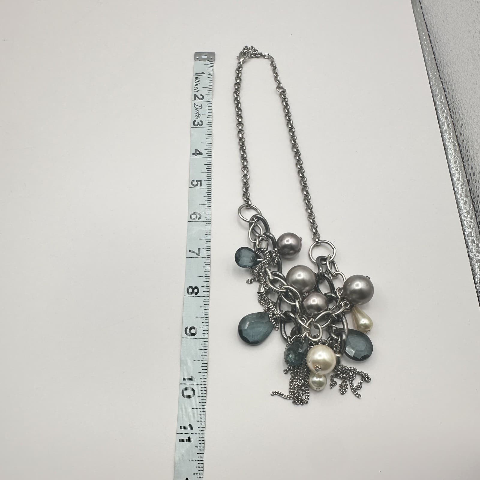 Vintage Y2K Cream Grey Faux Pearl Glass Bead Tassel Necklace Silver Tone Jewelry - Thumbnail 8