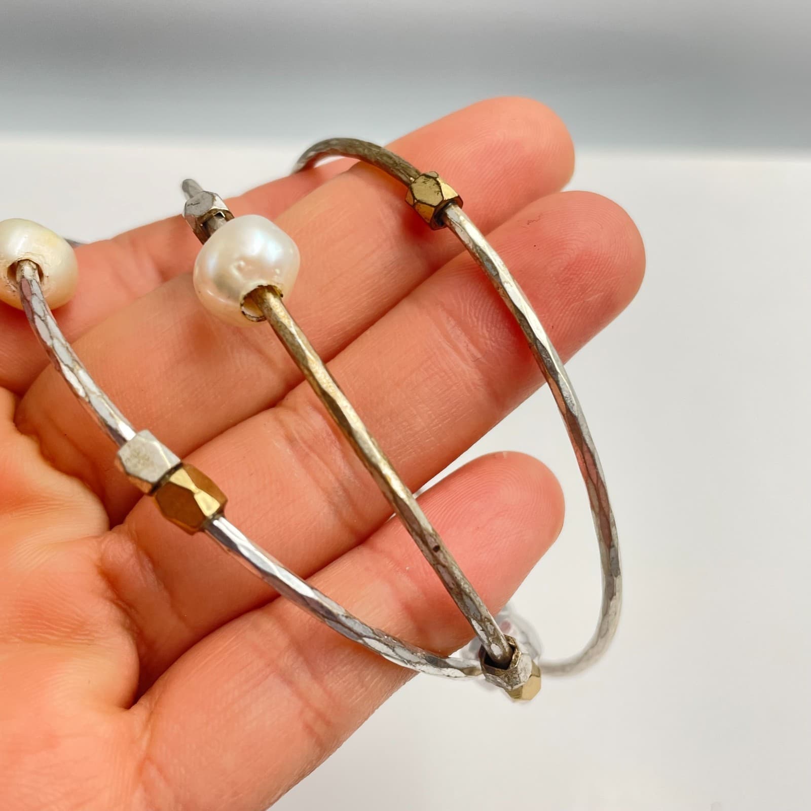 Vintage 80s Lucky Brand Pearl Silver & Gold Tone Bangle Bracelet Set Jewelry - Thumbnail 5