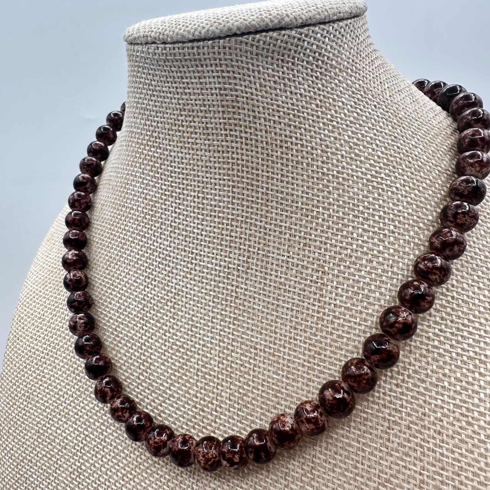 Vintage 90s Brown Marble Pattern Glass Beaded Necklace Classic Jewelry - Thumbnail 4