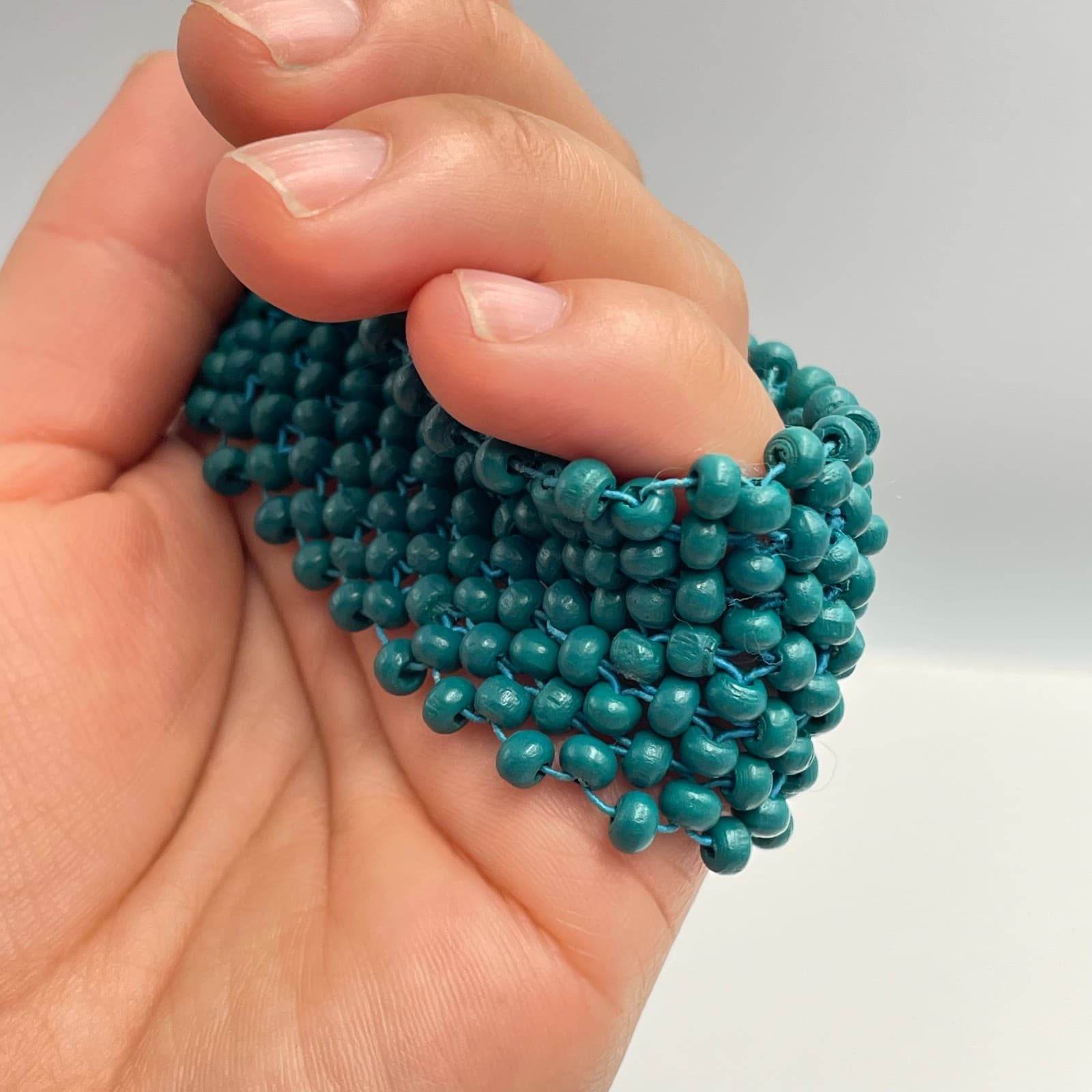 Vintage 90s Teal Blue Bead Wide Cuff Bracelet Boho Handmade Mesh Fashion Jewelry - Thumbnail 5