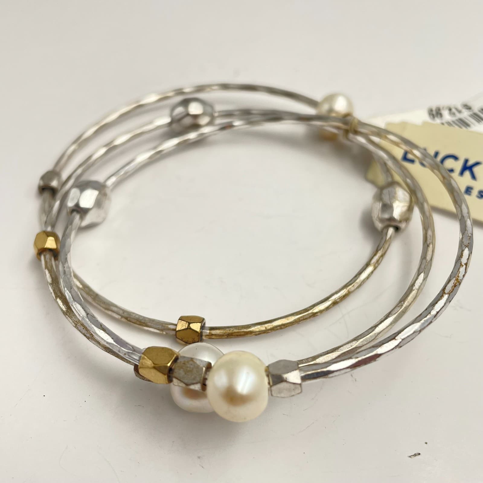 Vintage 80s Lucky Brand Pearl Silver & Gold Tone Bangle Bracelet Set Jewelry - Thumbnail 2