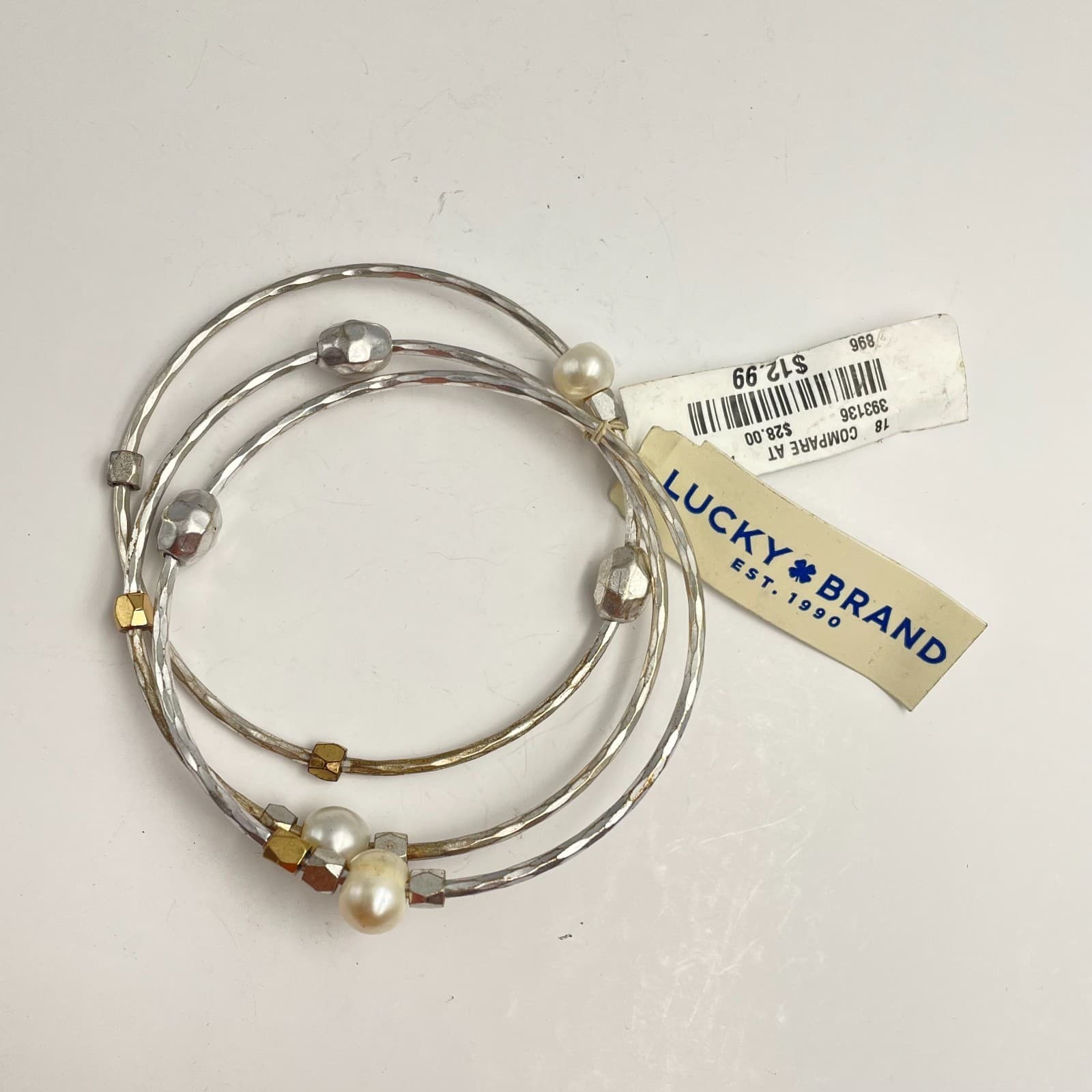 Vintage 80s Lucky Brand Pearl Silver & Gold Tone Bangle Bracelet Set Jewelry - Thumbnail 3