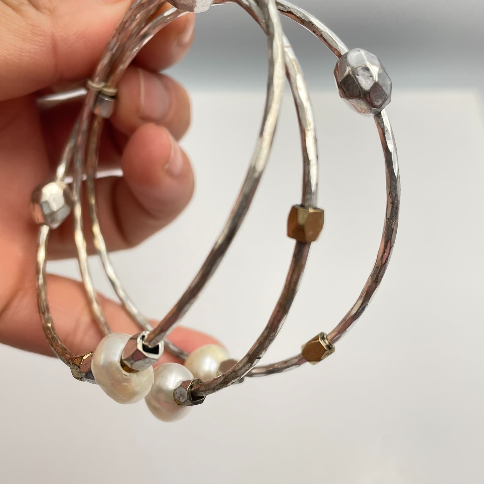 Vintage 80s Lucky Brand Pearl Silver & Gold Tone Bangle Bracelet Set Jewelry - Thumbnail 8