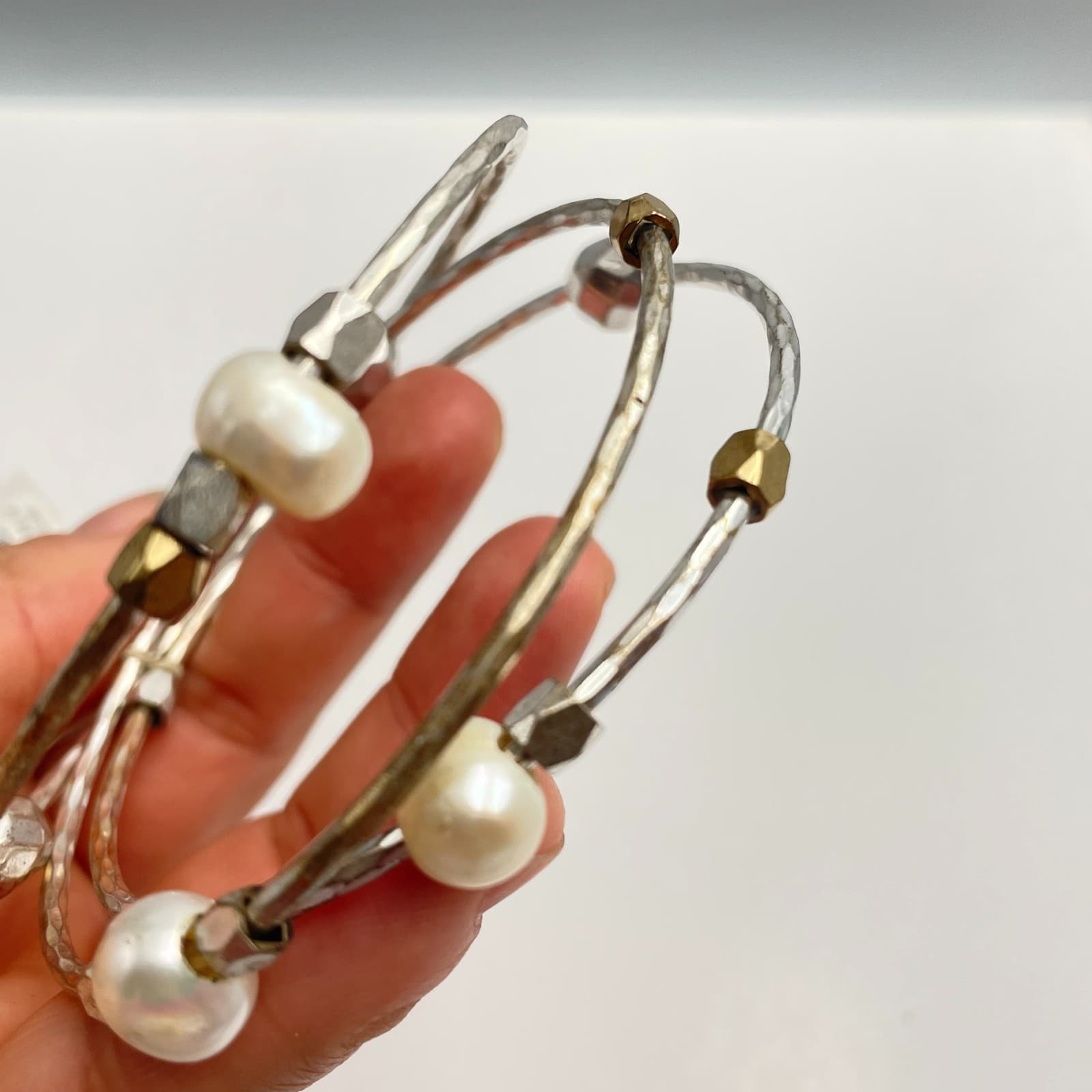 Vintage 80s Lucky Brand Pearl Silver & Gold Tone Bangle Bracelet Set Jewelry - Thumbnail 9