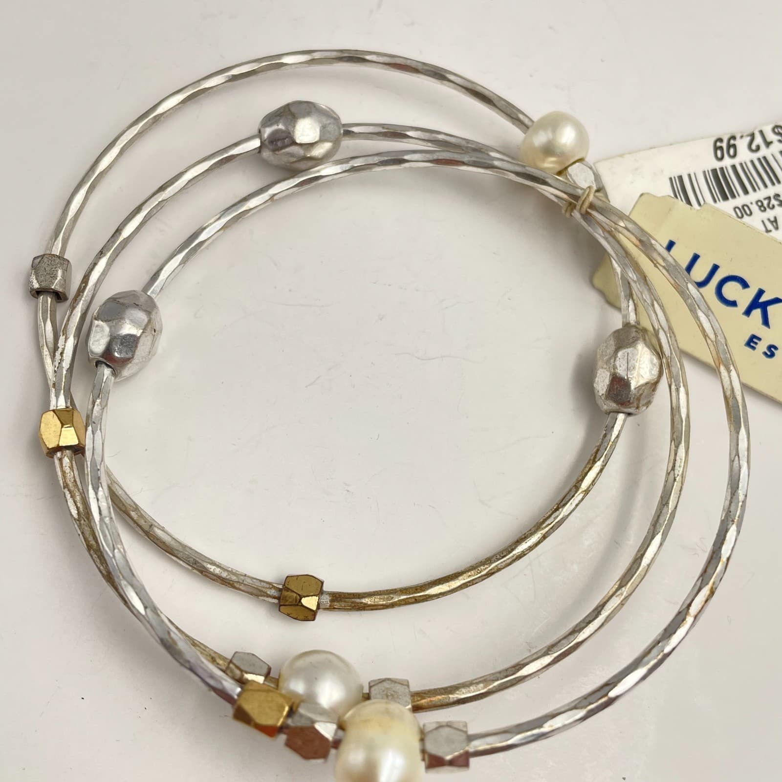 Vintage 80s Lucky Brand Pearl Silver & Gold Tone Bangle Bracelet Set Jewelry - Image 1