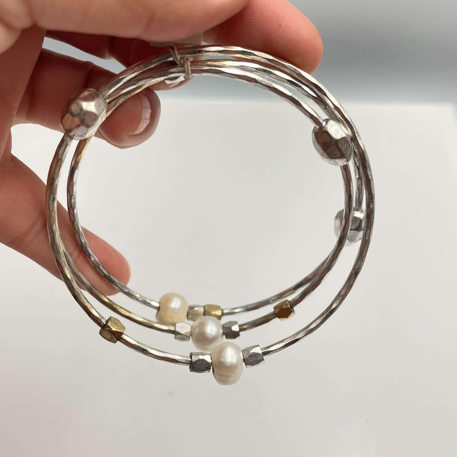 Vintage 80s Lucky Brand Pearl Silver & Gold Tone Bangle Bracelet Set Jewelry - Thumbnail 7