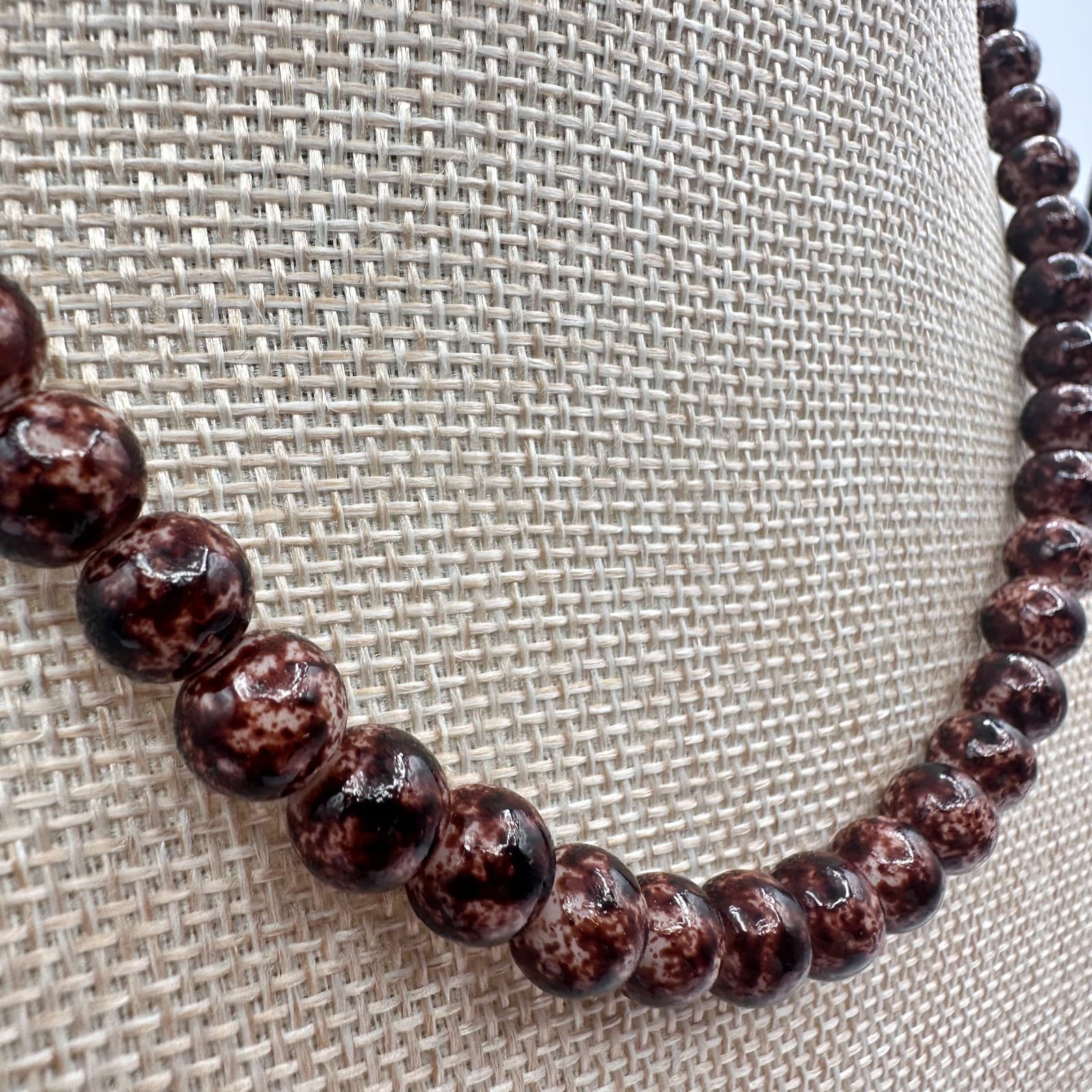 Vintage 90s Brown Marble Pattern Glass Beaded Necklace Classic Jewelry - Thumbnail 3