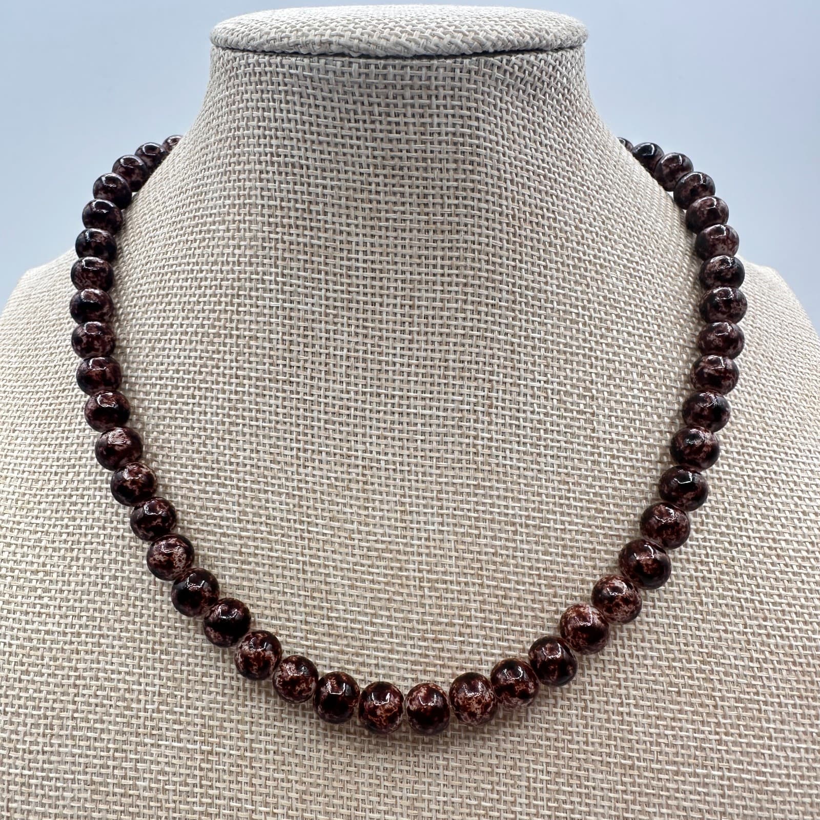 Vintage 90s Brown Marble Pattern Glass Beaded Necklace Classic Jewelry - Thumbnail 5
