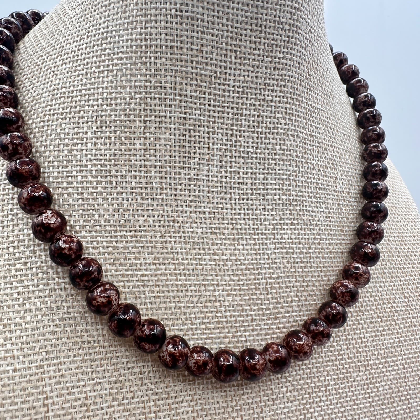 Vintage 90s Brown Marble Pattern Glass Beaded Necklace Classic Jewelry - Thumbnail 2