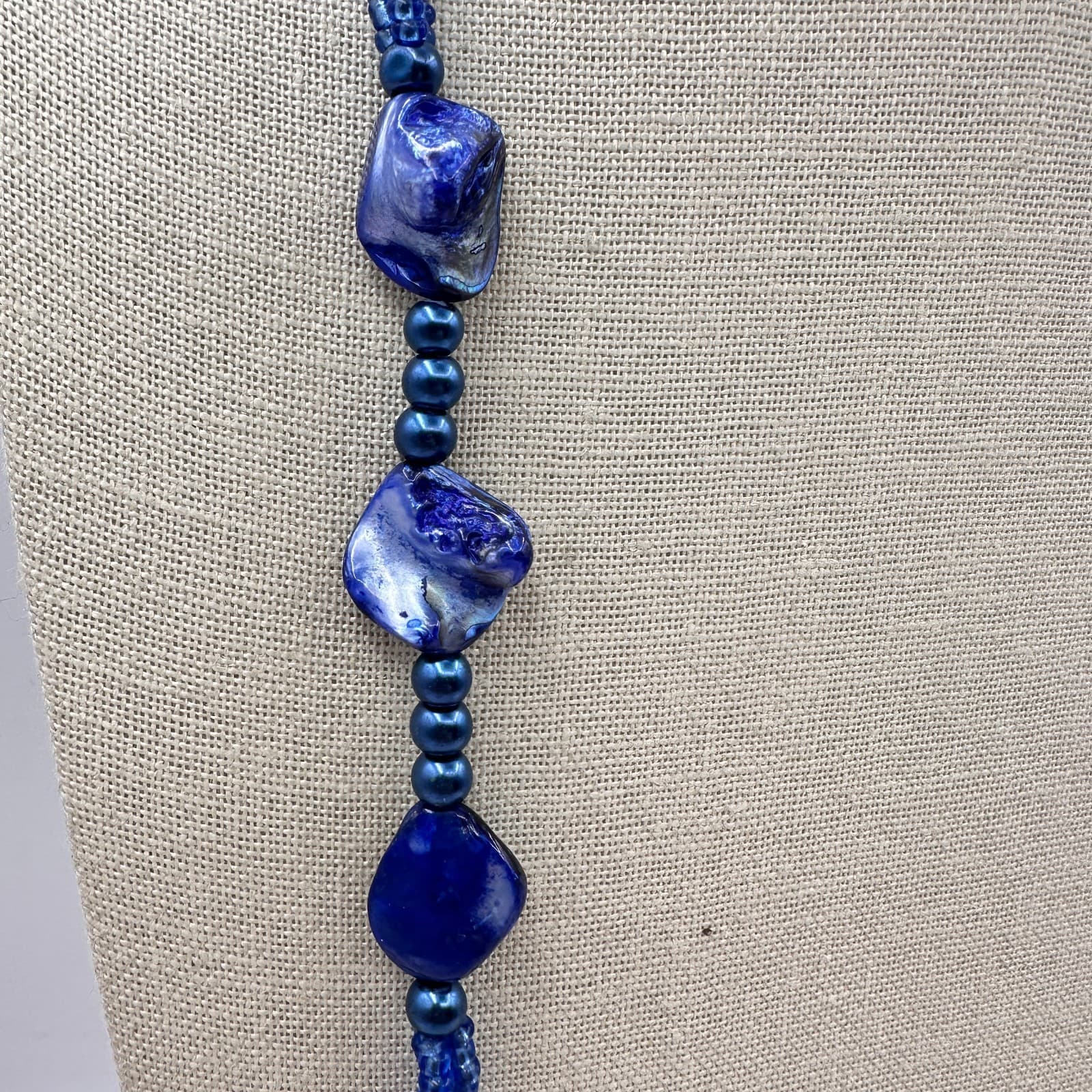 Vintage 90s Blue Mother of Pearl Shell & Glass Bead Multi-Strand Opera Necklace - Thumbnail 4