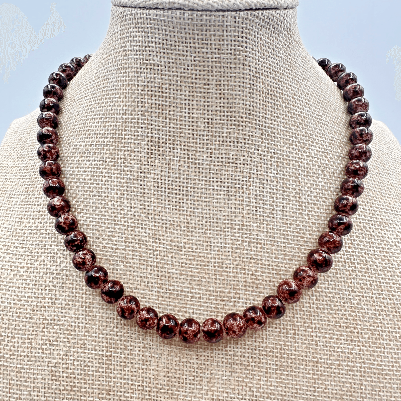 Vintage 90s Brown Marble Pattern Glass Beaded Necklace Classic Jewelry - Image 1