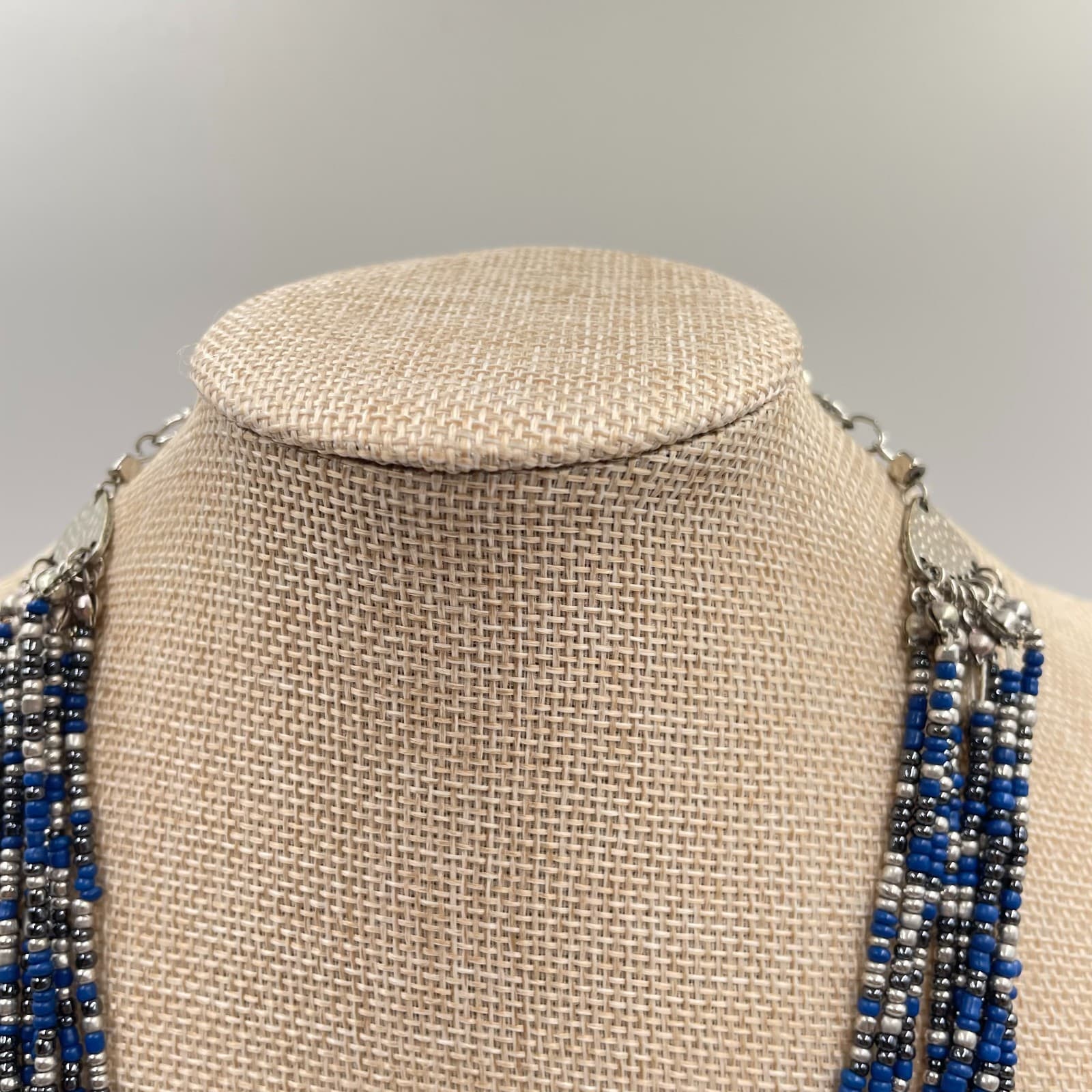 VTG Multi-Strand Seed Bead Necklace Silver Blue Boho Statement Bib Layered Long - Thumbnail 2