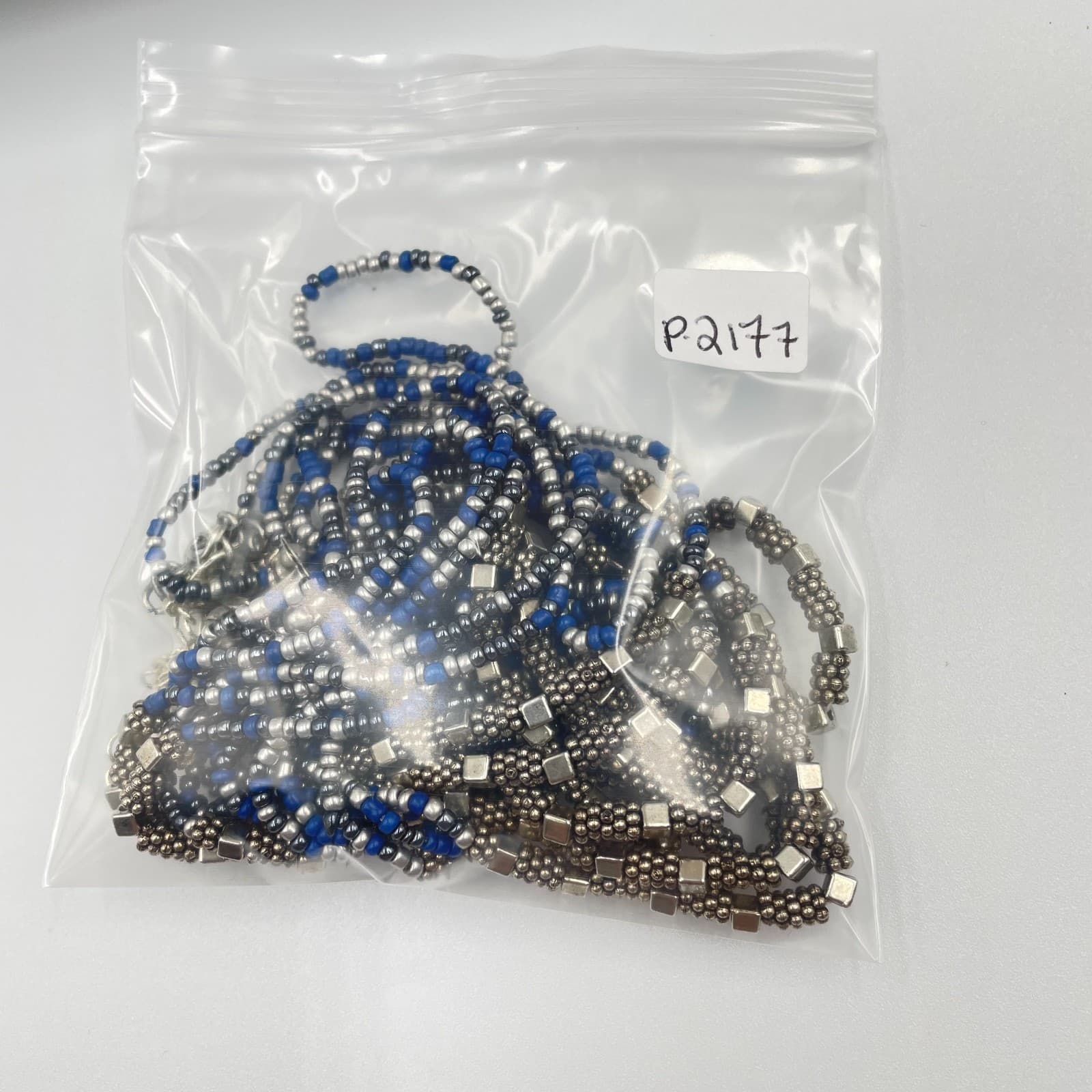 VTG Multi-Strand Seed Bead Necklace Silver Blue Boho Statement Bib Layered Long - Thumbnail 8