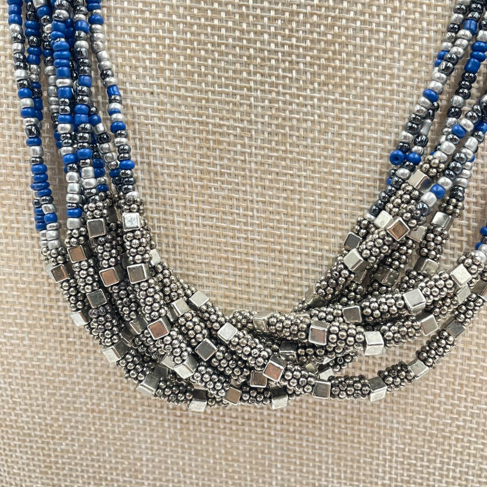 VTG Multi-Strand Seed Bead Necklace Silver Blue Boho Statement Bib Layered Long - Thumbnail 3