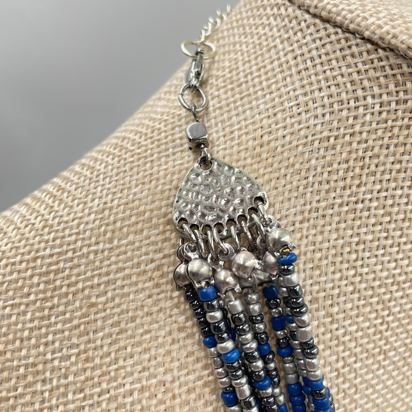 VTG Multi-Strand Seed Bead Necklace Silver Blue Boho Statement Bib Layered Long - Thumbnail 5