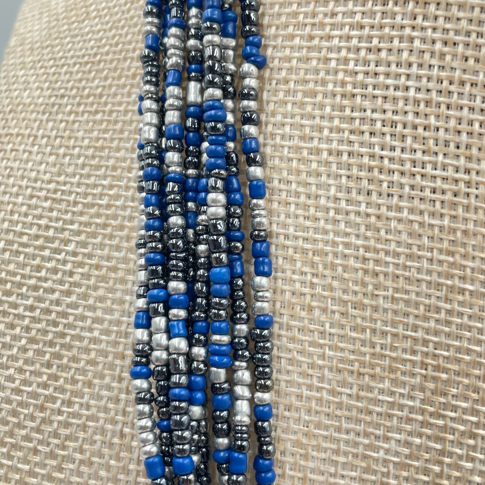 VTG Multi-Strand Seed Bead Necklace Silver Blue Boho Statement Bib Layered Long - Thumbnail 4