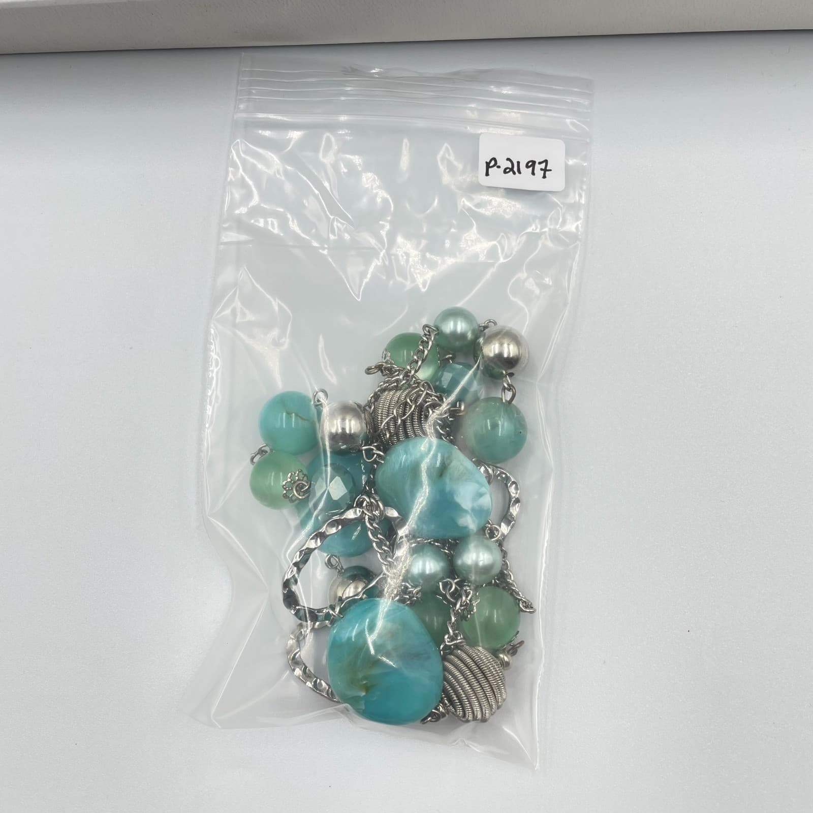 Vintage Boho Long Beaded Necklace Teal Aqua Blue Silver Tone Textured Statement - Thumbnail 8