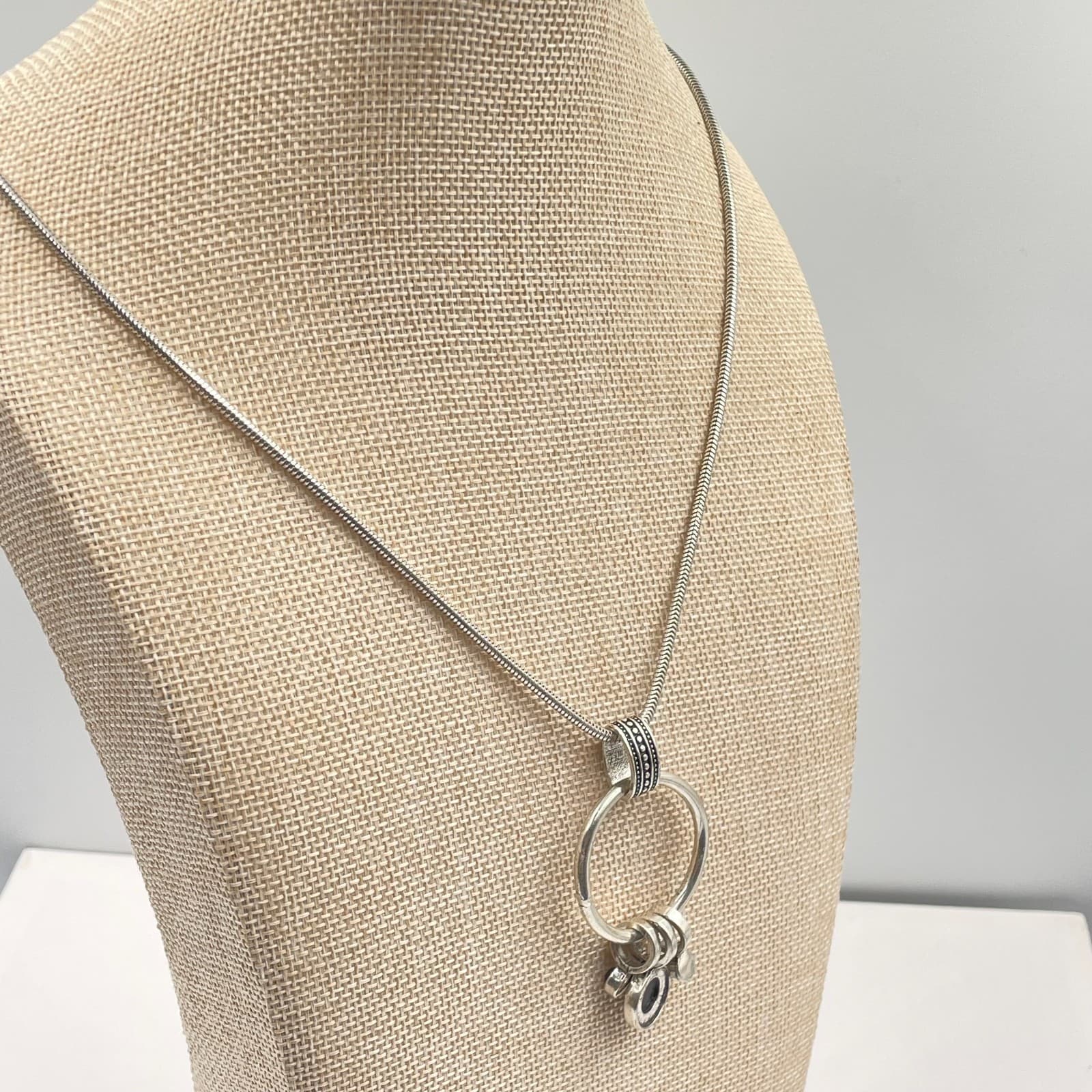Vintage Silver Tone Geometric Ring Pendant Necklace Black Stone Snake Long Chain - Thumbnail 5